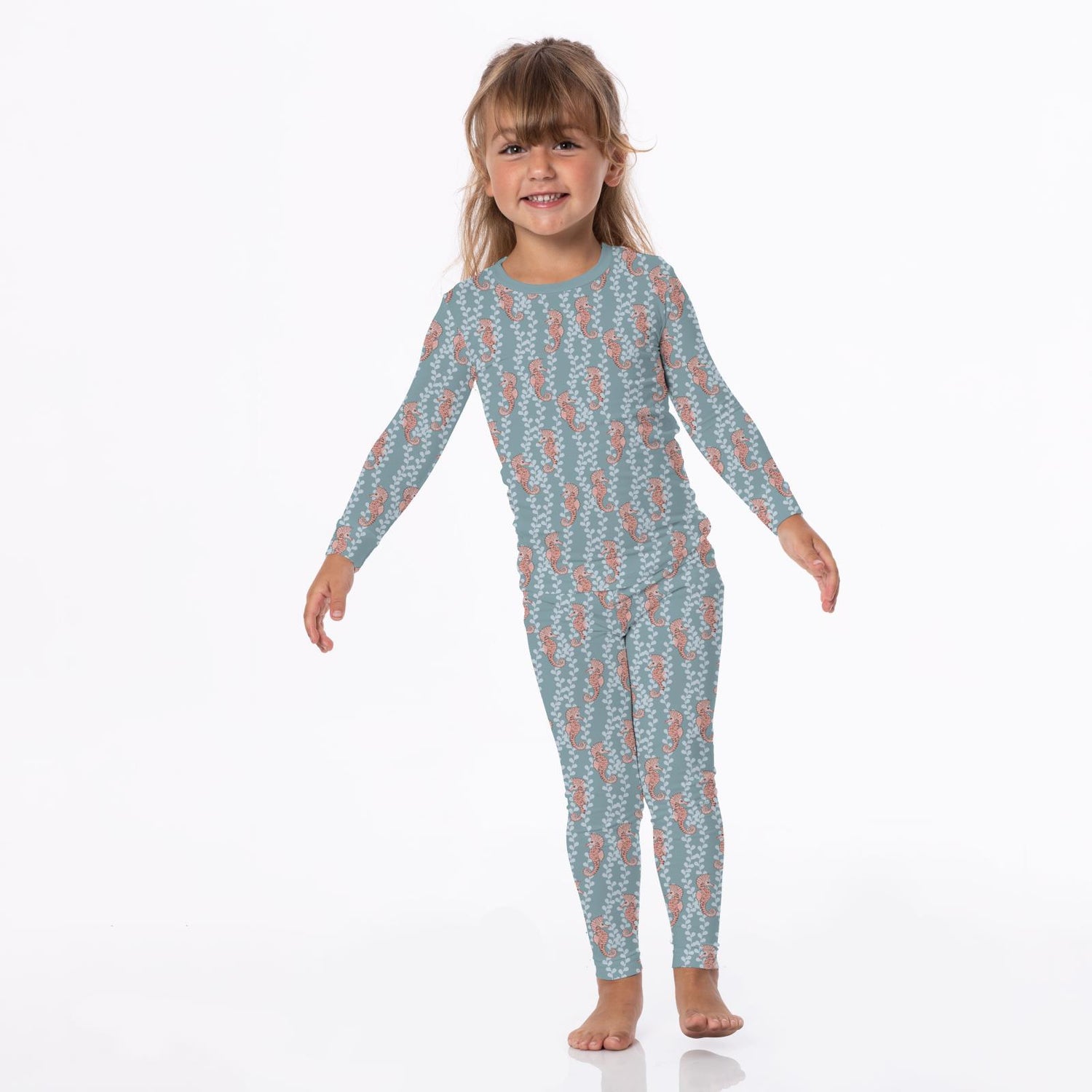 Print Long Sleeve Pajama Set in Stormy Sea Seahorses