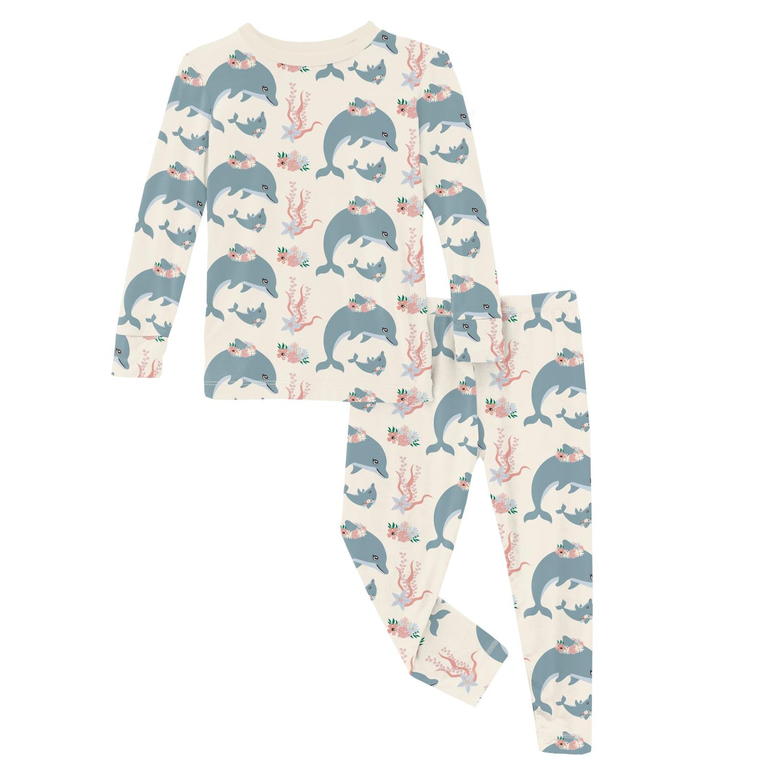 Print Long Sleeve Pajama Set in Natural Dolphins