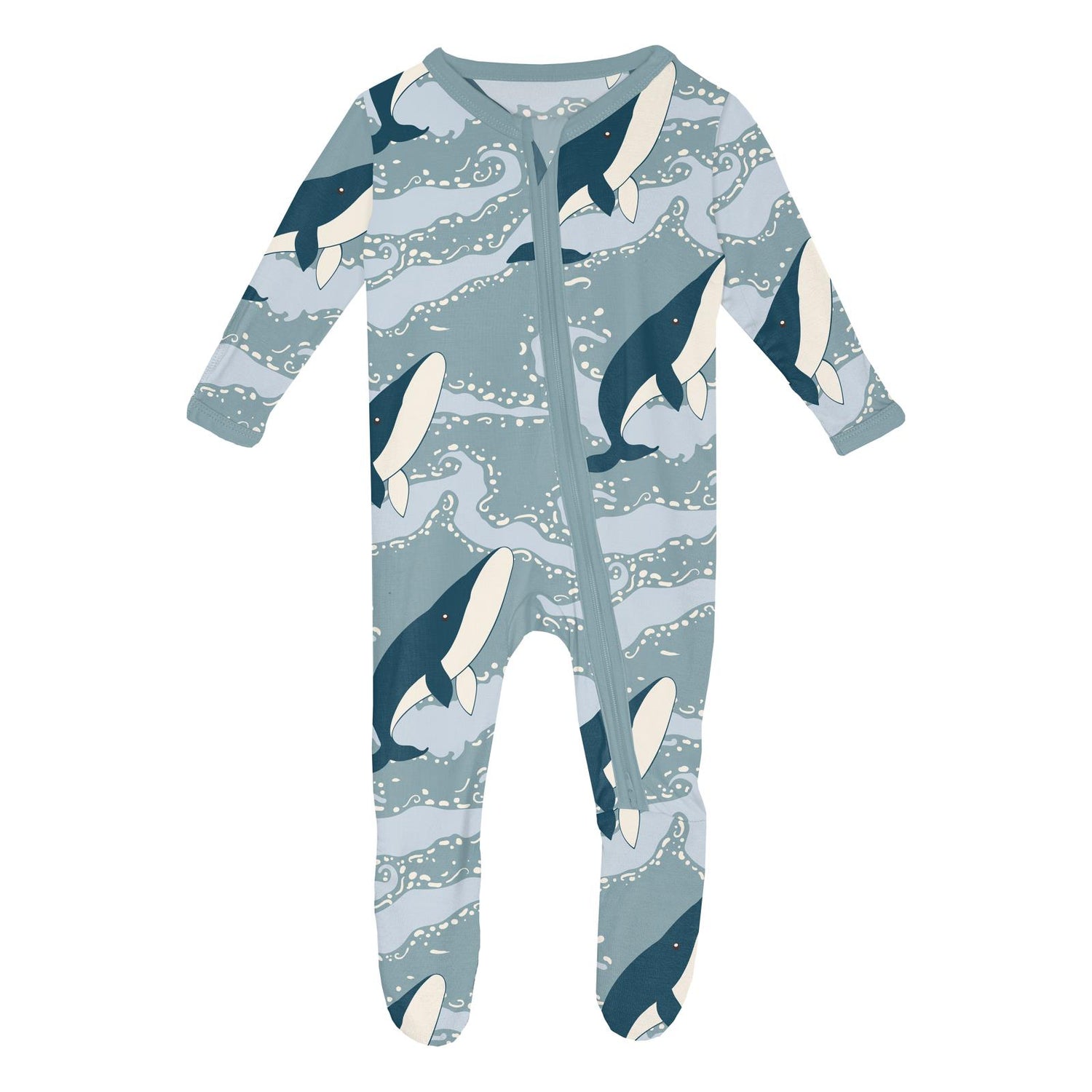 Print Footie with 2 Way Zipper in Stormy Sea Splashing Whales