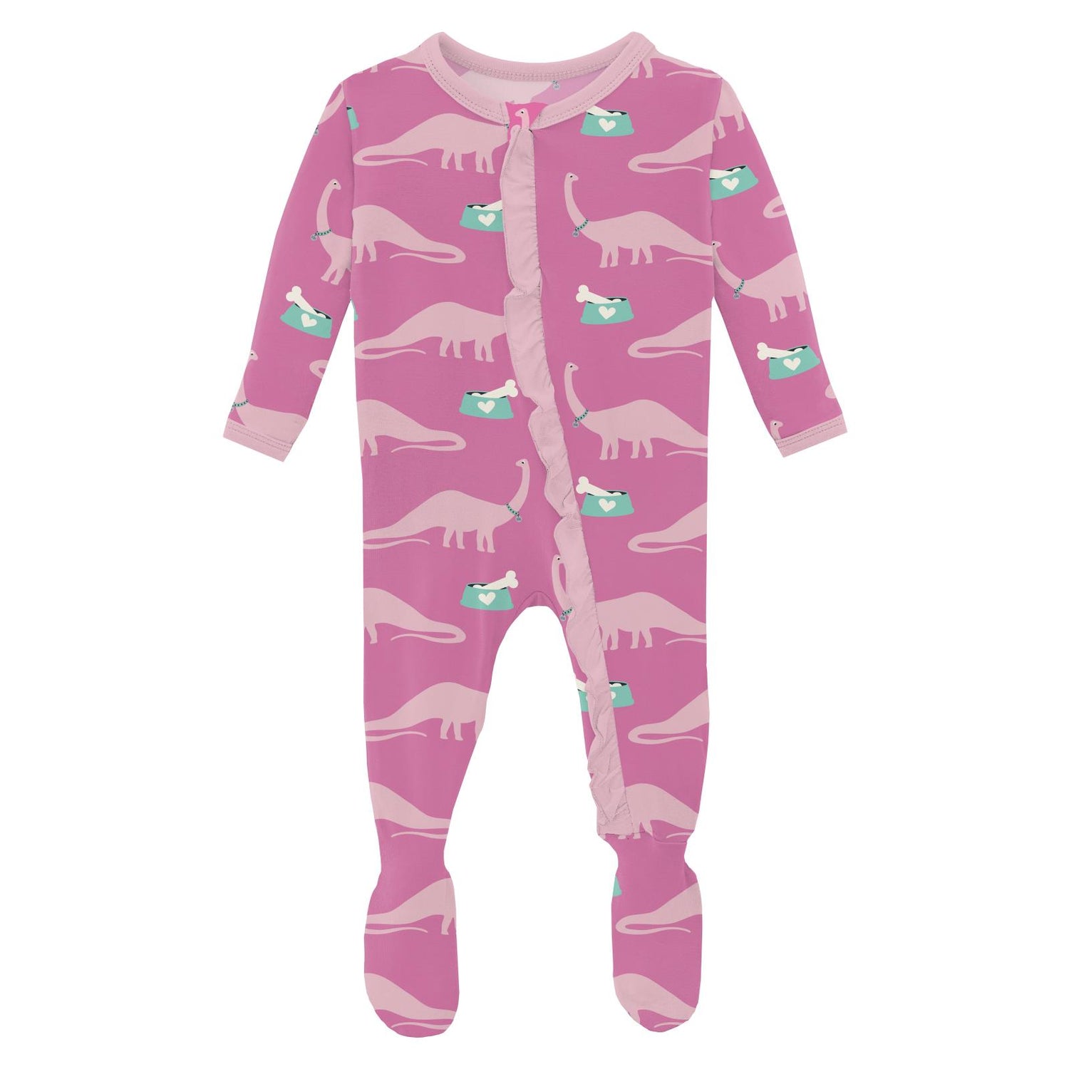 Print Classic Ruffle Footie with 2 Way Zipper in Tulip Pet Dino