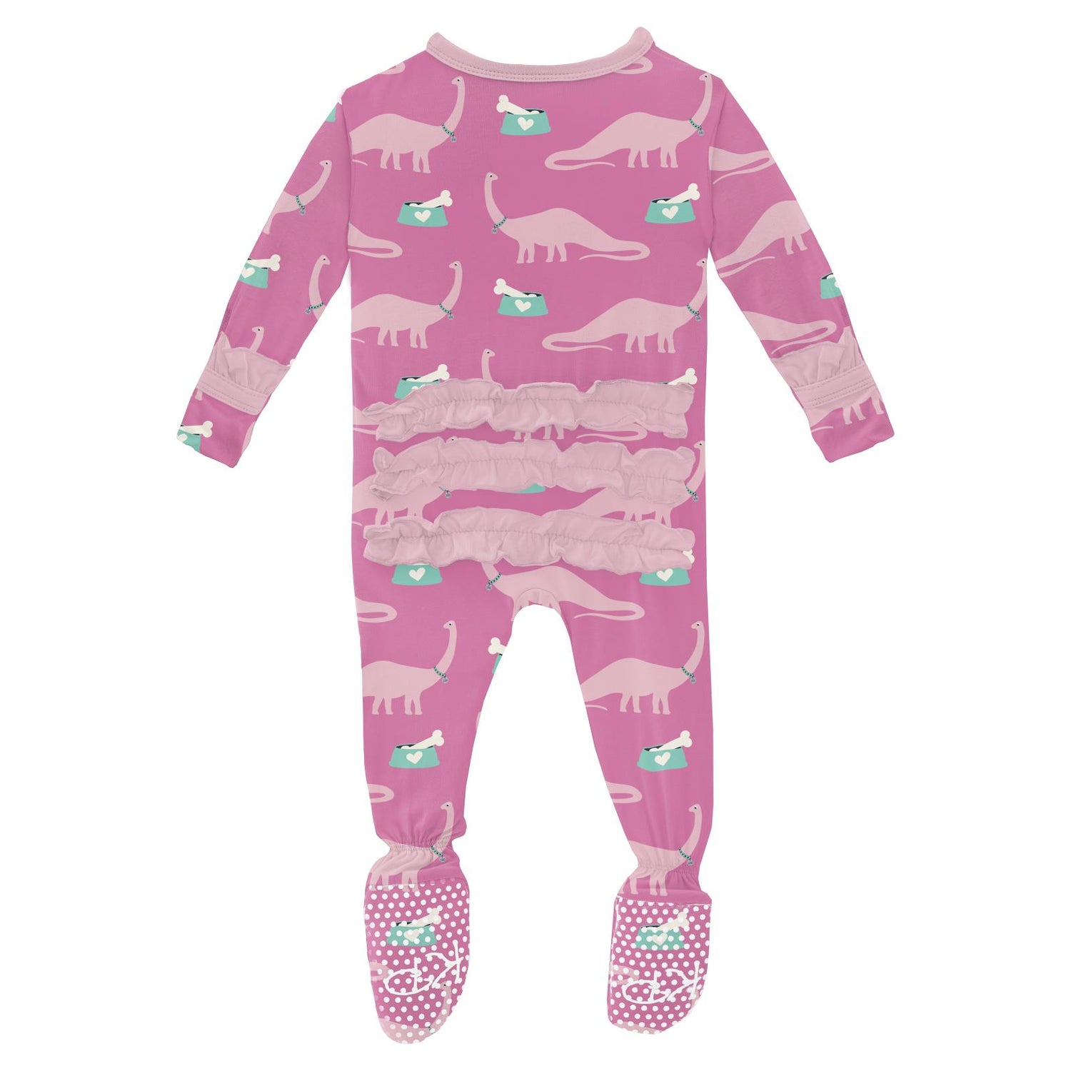 Print Classic Ruffle Footie with 2 Way Zipper in Tulip Pet Dino