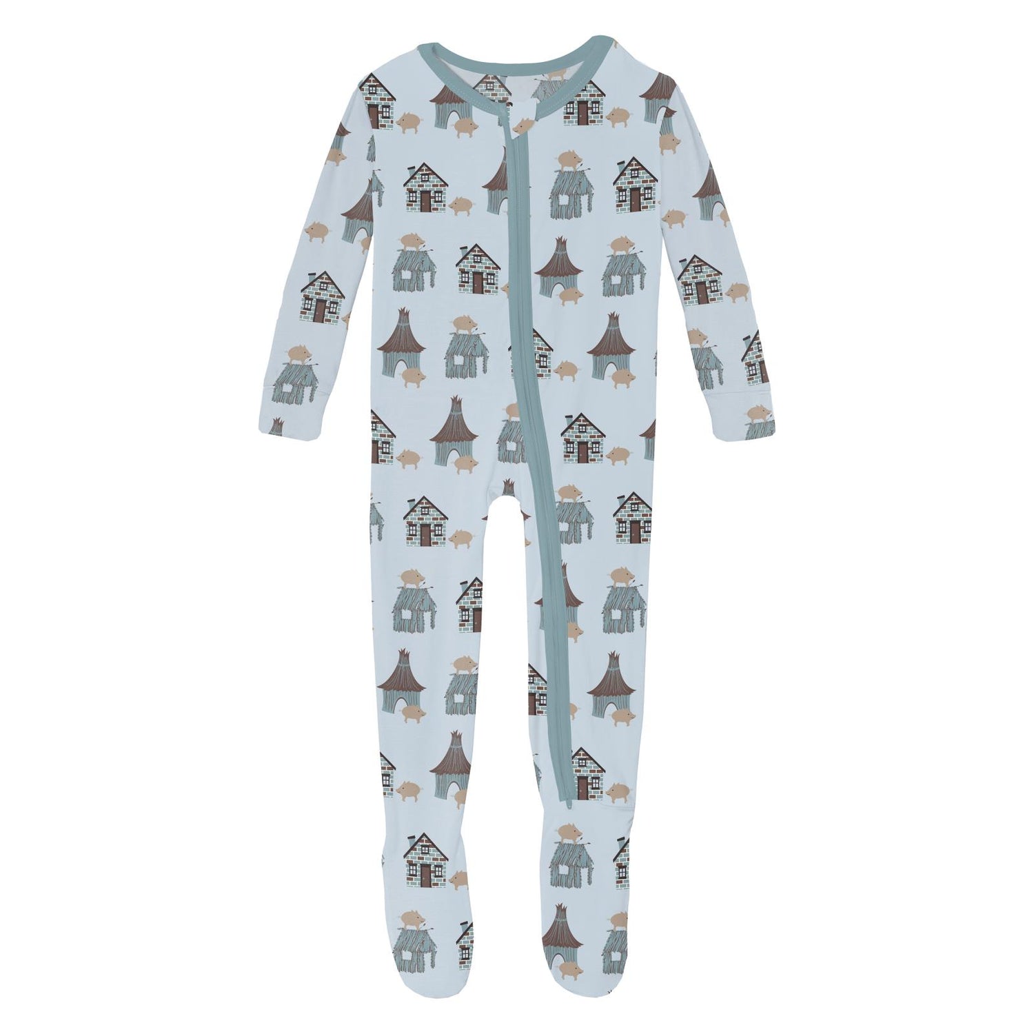 Print Footie with 2 Way Zipper in Illusion Blue Three Little Pigs