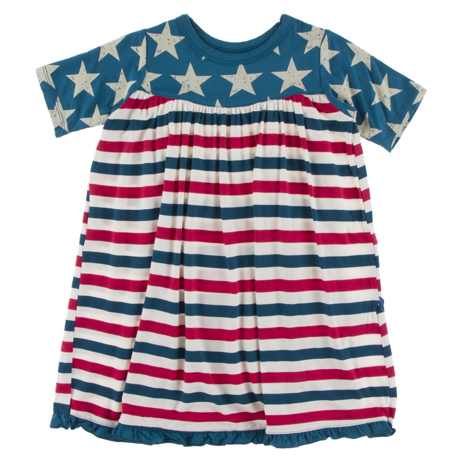 Print Classic Short Sleeve Swing Dress in Vintage Stars with USA Stripe