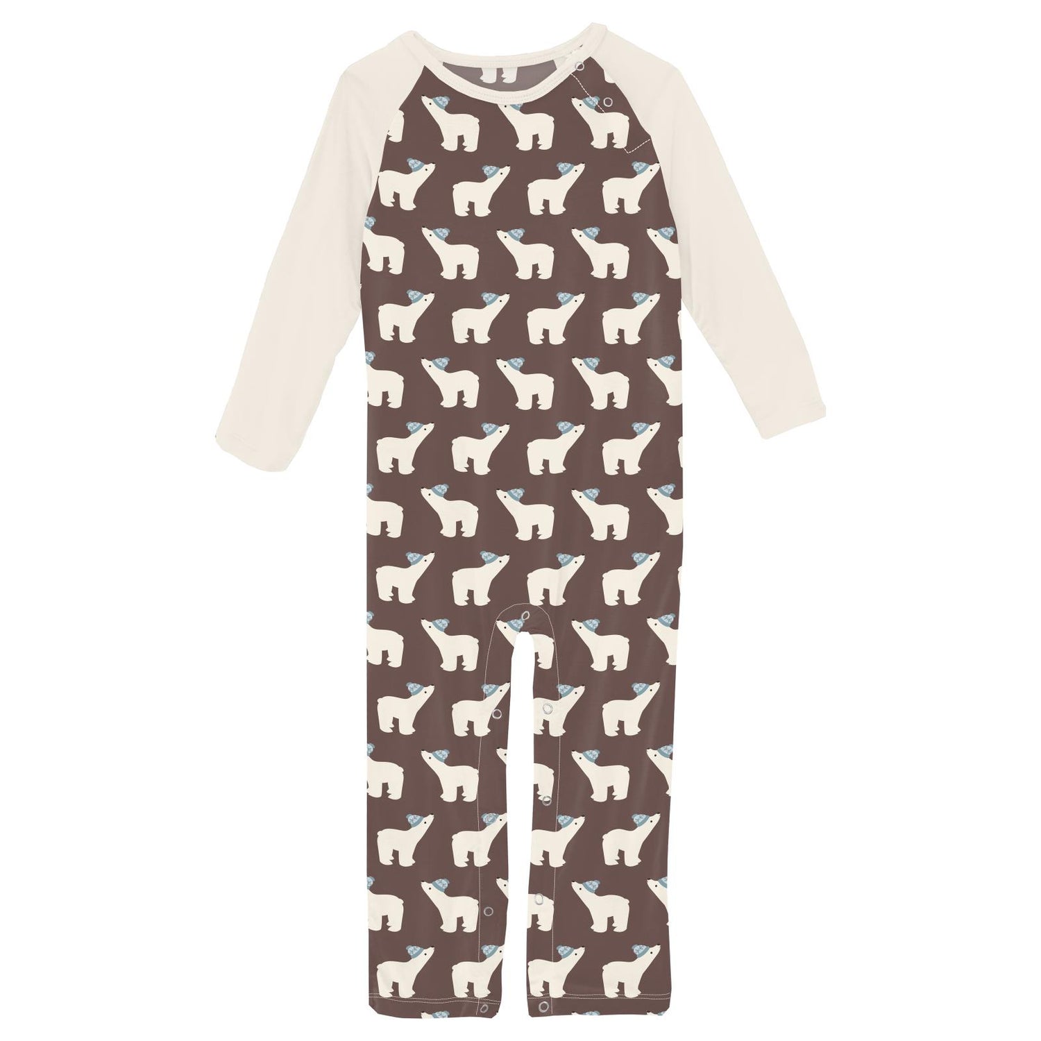 Print Long Sleeve Raglan Romper in Coffee Polar Bears