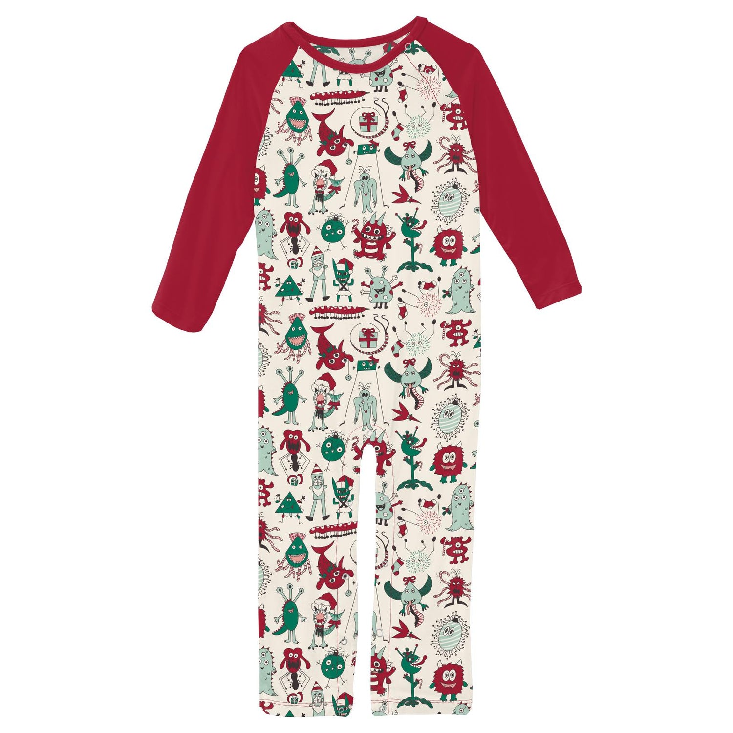 Print Long Sleeve Raglan Romper in Merry Monsters