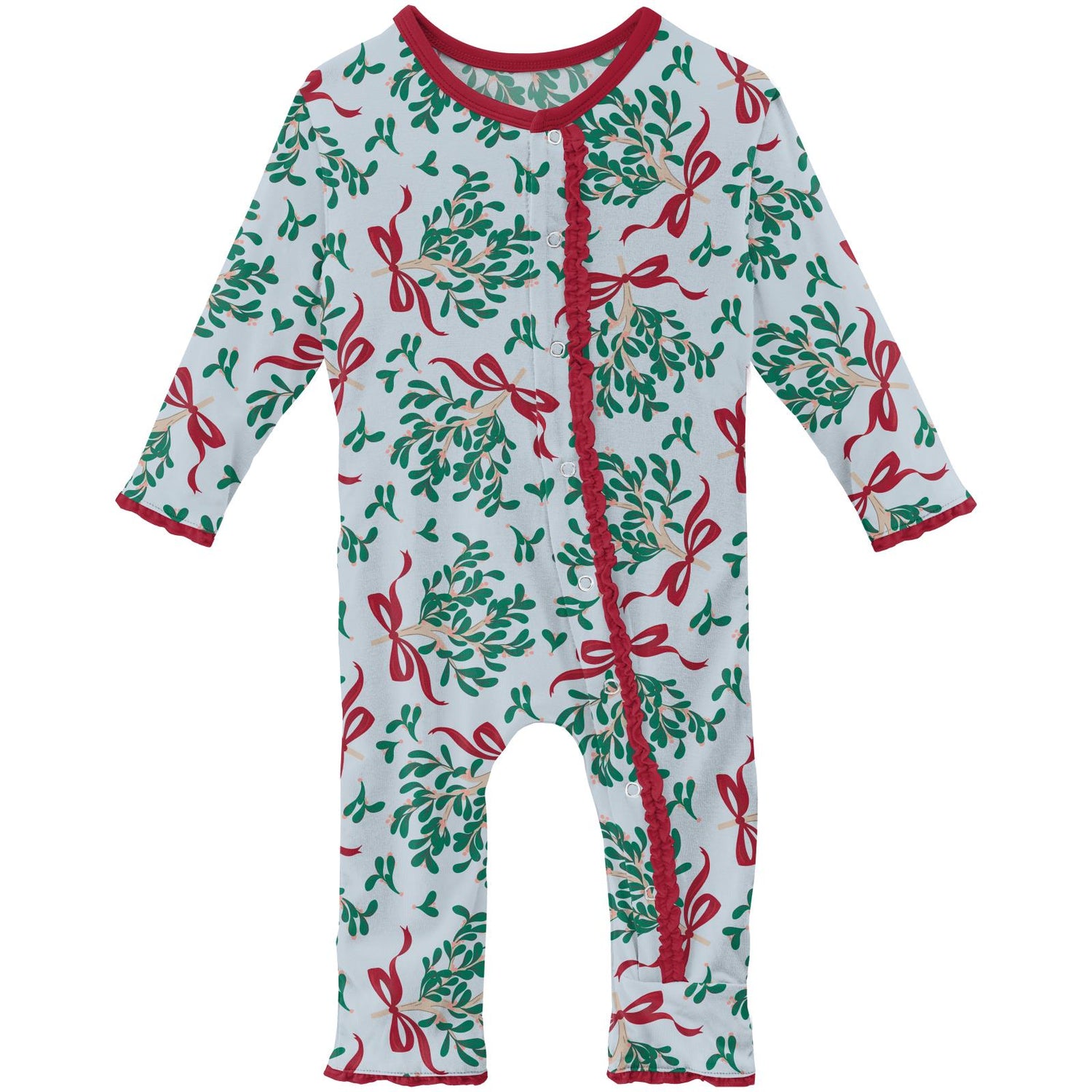 Print Muffin Ruffle Coverall with Snaps in Illusion Blue Mistletoe & Ribbons