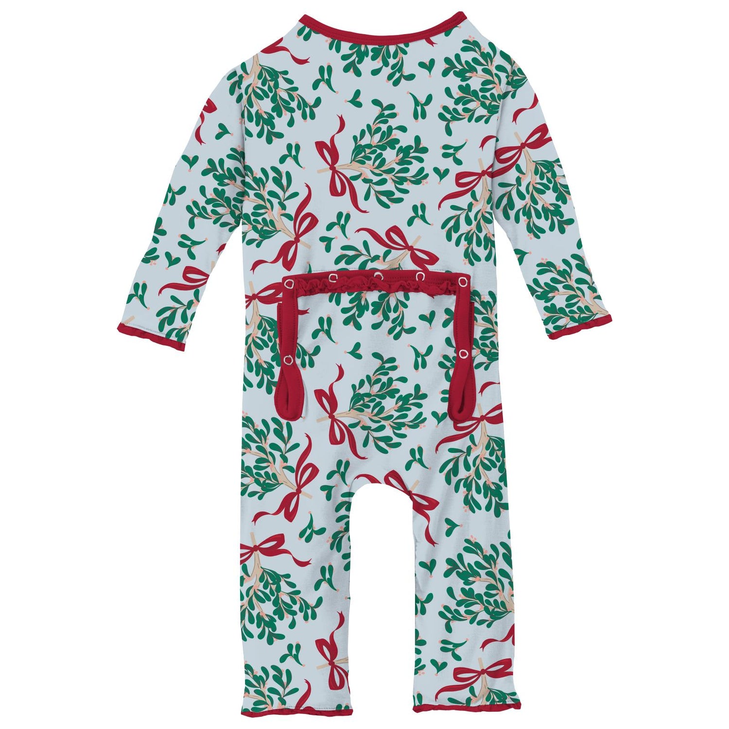 Print Muffin Ruffle Coverall with Snaps in Illusion Blue Mistletoe & Ribbons