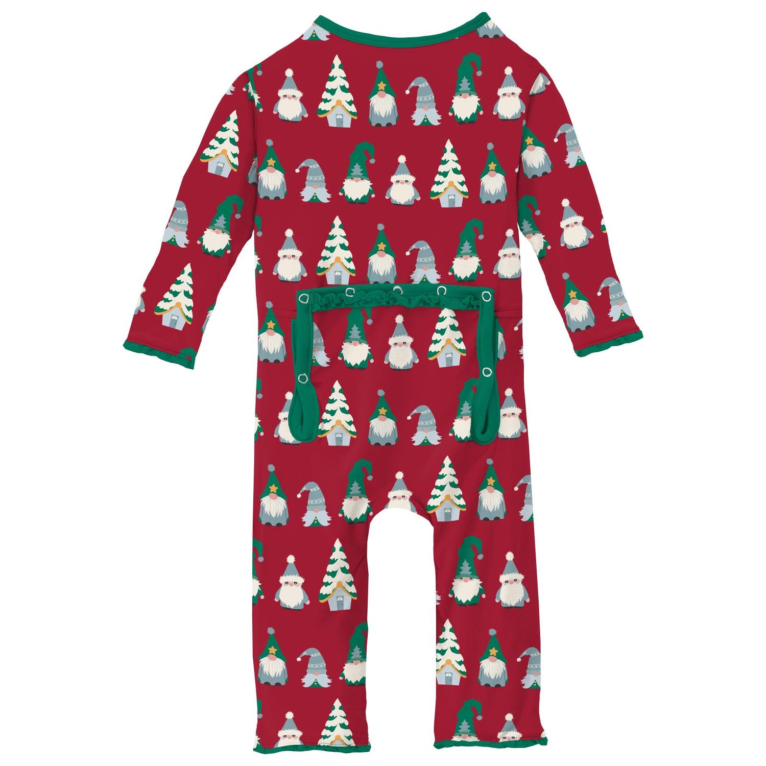 Print Muffin Ruffle Coverall with 2 Way Zipper in Crimson Gnomes