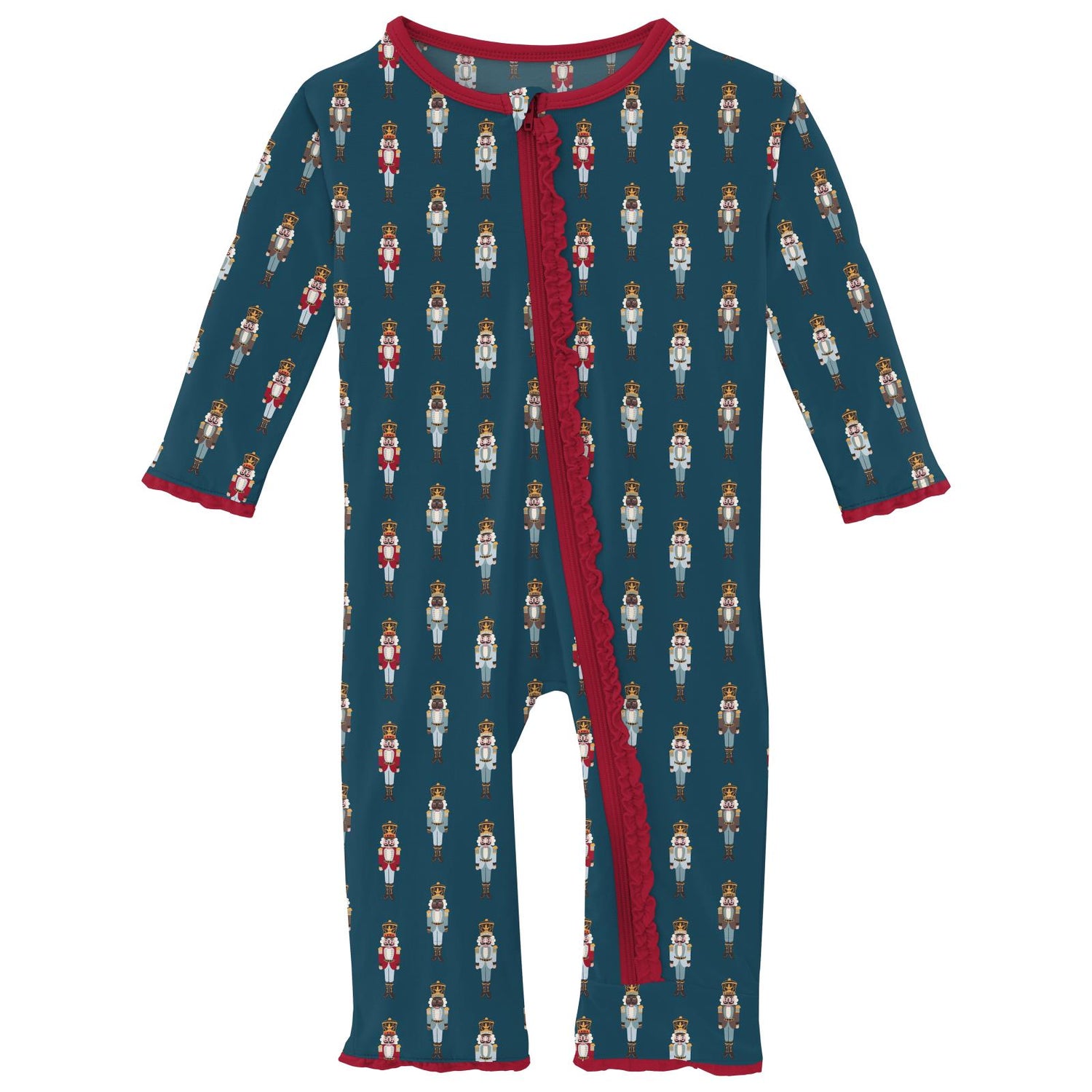 Print Muffin Ruffle Coverall with 2 Way Zipper in Peacock Nutcrackers