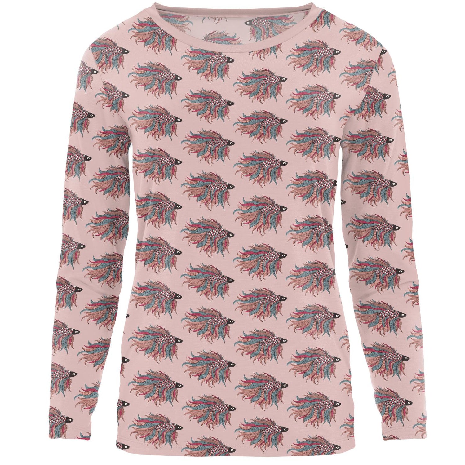 Women's Print Long Sleeve Relaxed Tee in Baby Rose Rainbow Fish