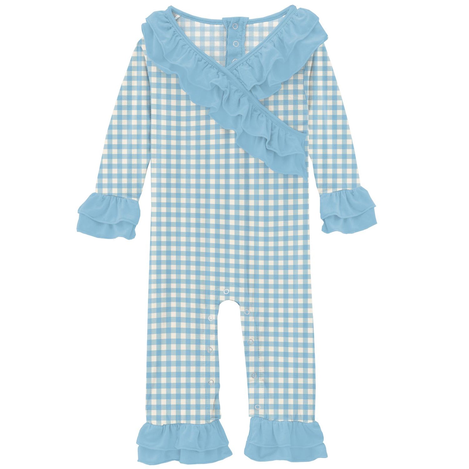 Print Long Sleeve Kimono Double Ruffle Romper in Seaside Blue Gingham (312451)