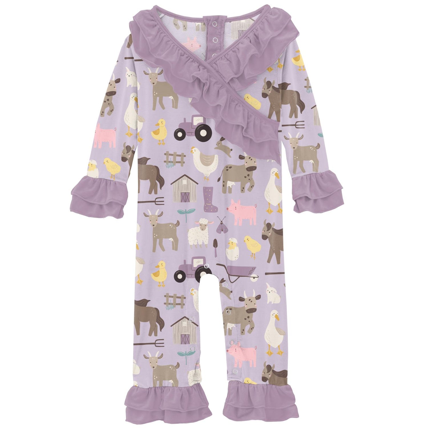 Print Long Sleeve Kimono Double Ruffle Romper in Thistle Morning on the Farm (312480)