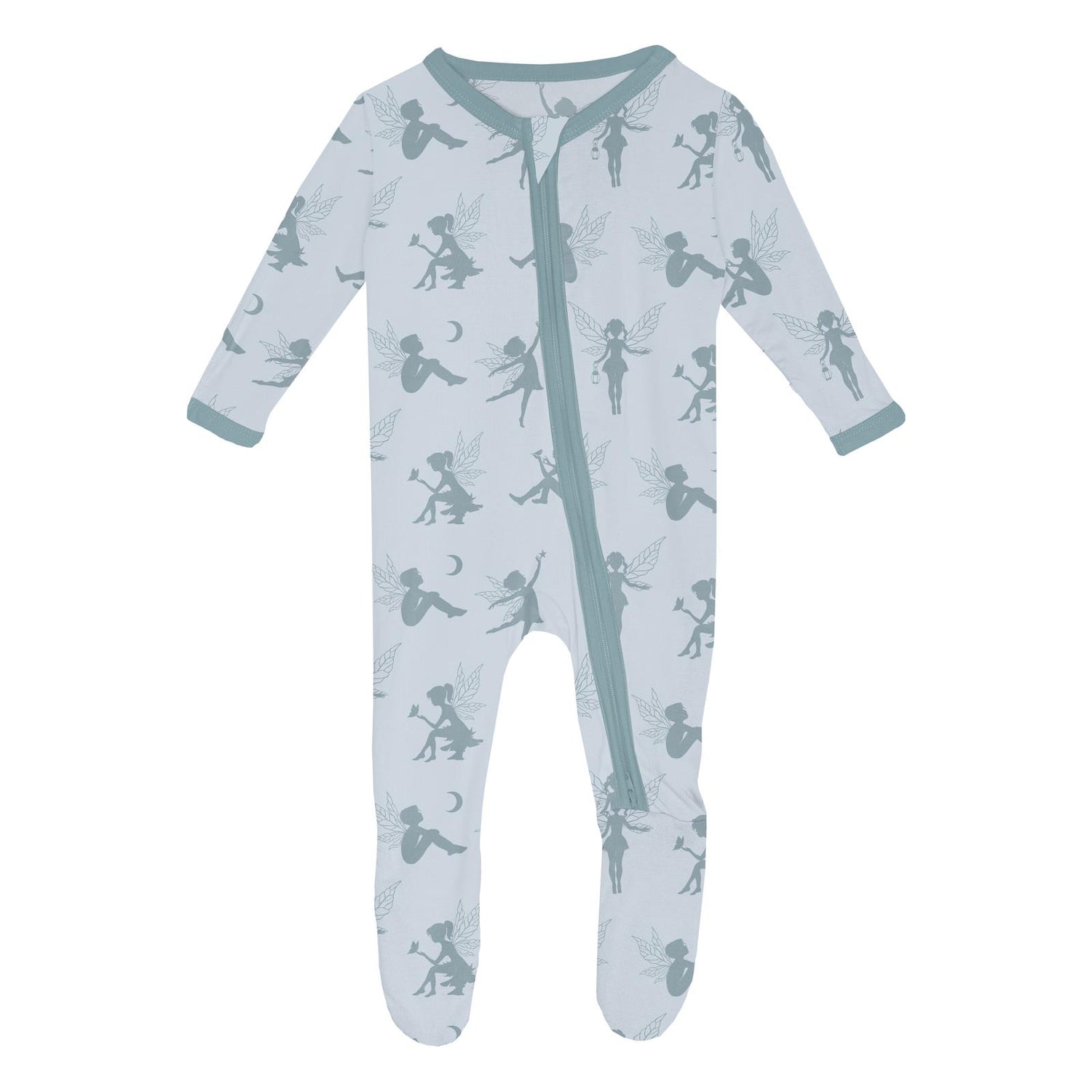 Print Footie with 2 Way Zipper in Illusion Blue Forest Fairies