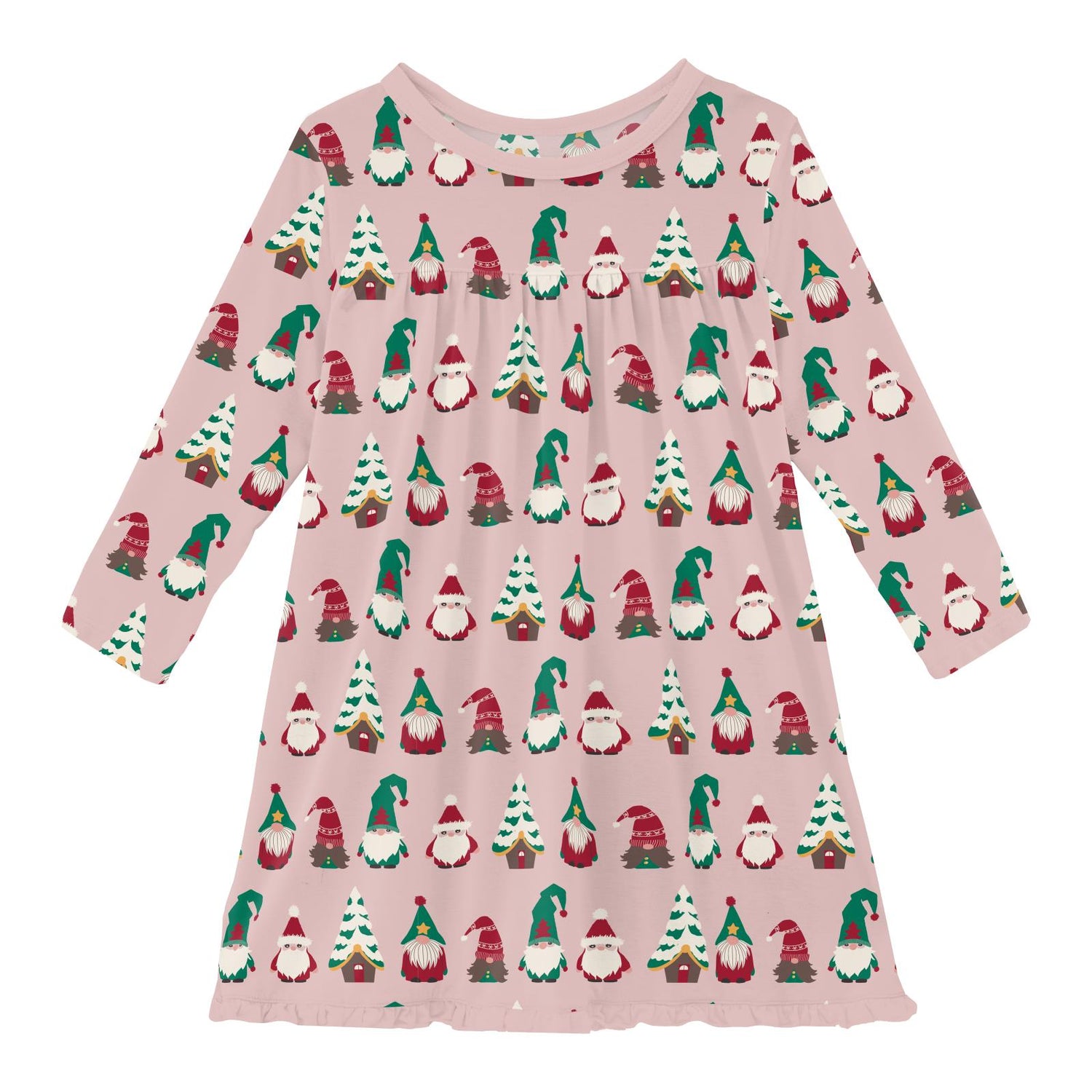 Print Classic Long Sleeve Swing Dress in Baby Rose Gnomes