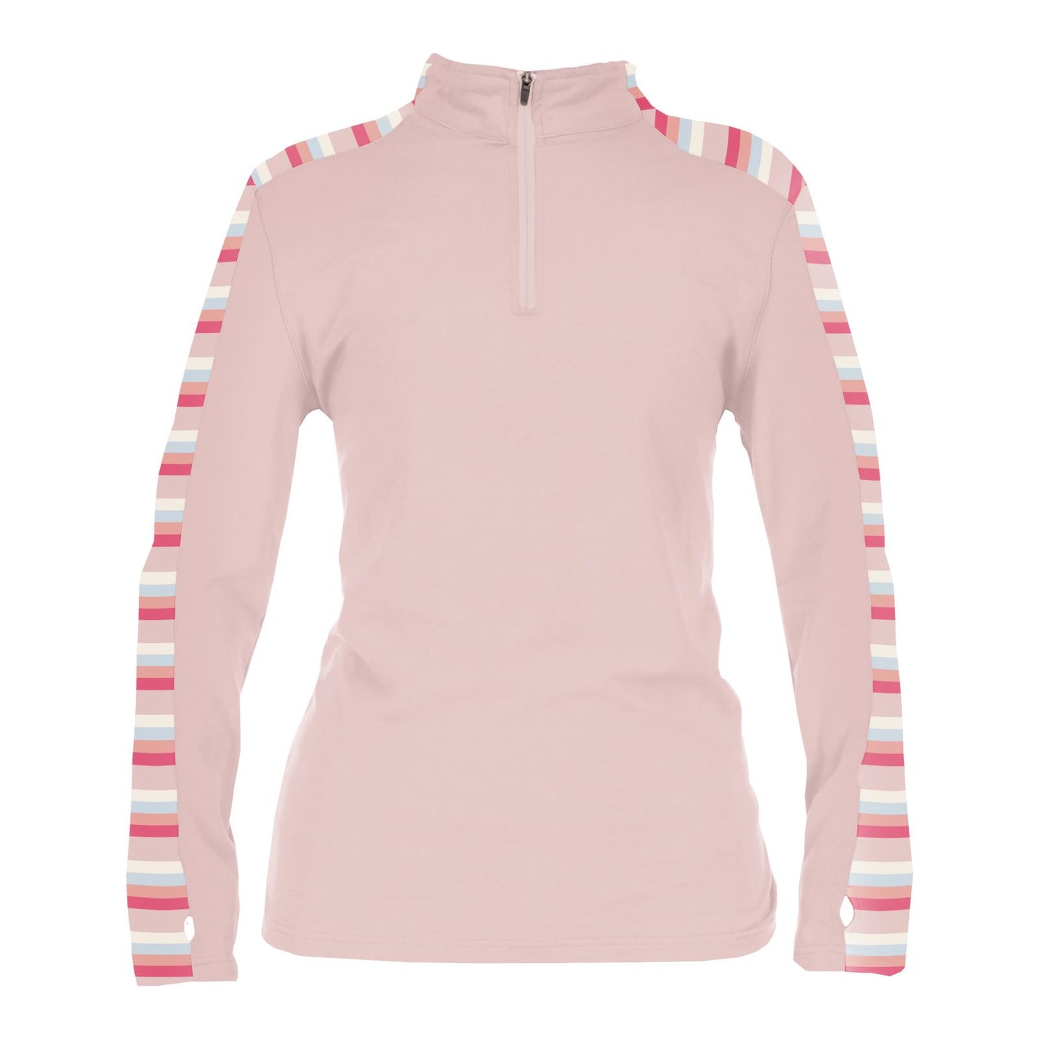 Print Women's Long Sleeve Luxe Sport Tee with Thumbhole in Baby Rose with Baby Rose Stripe