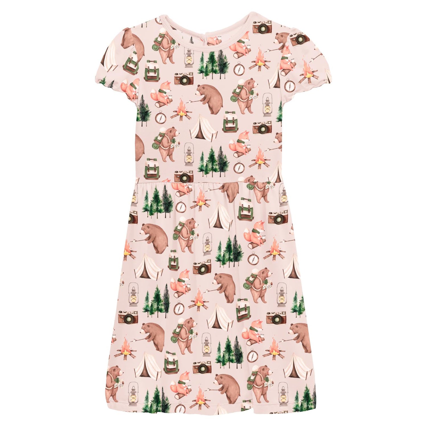 Print Flutter Sleeve Twirl Dress with Pockets in Latte Camping Animals (360167)