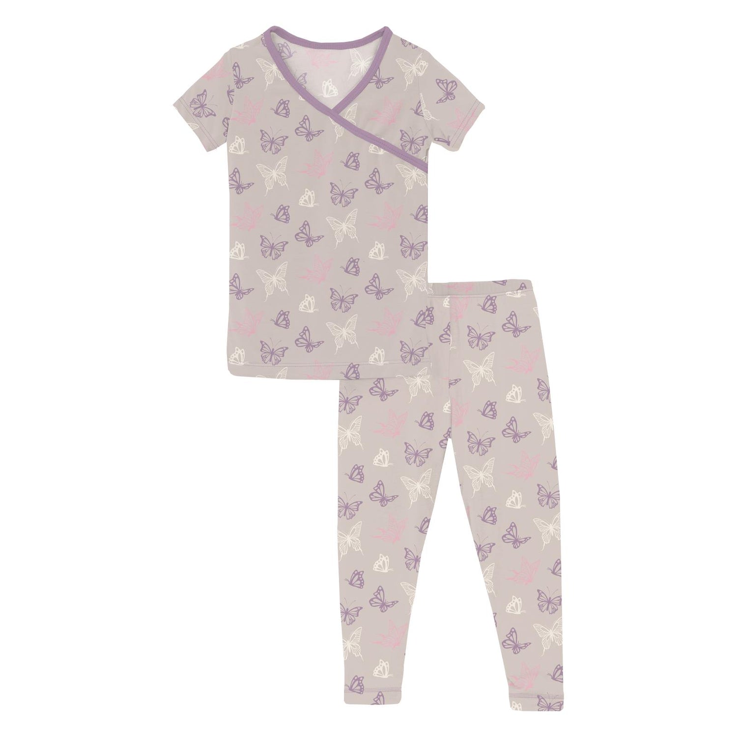 Print Short Sleeve Kimono Pajama Set in Latte Butterflies (360105)