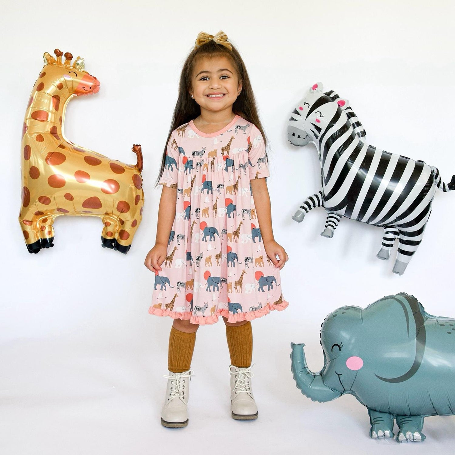 Print Classic Short Sleeve Swing Dress in Baby Rose Just So Animals