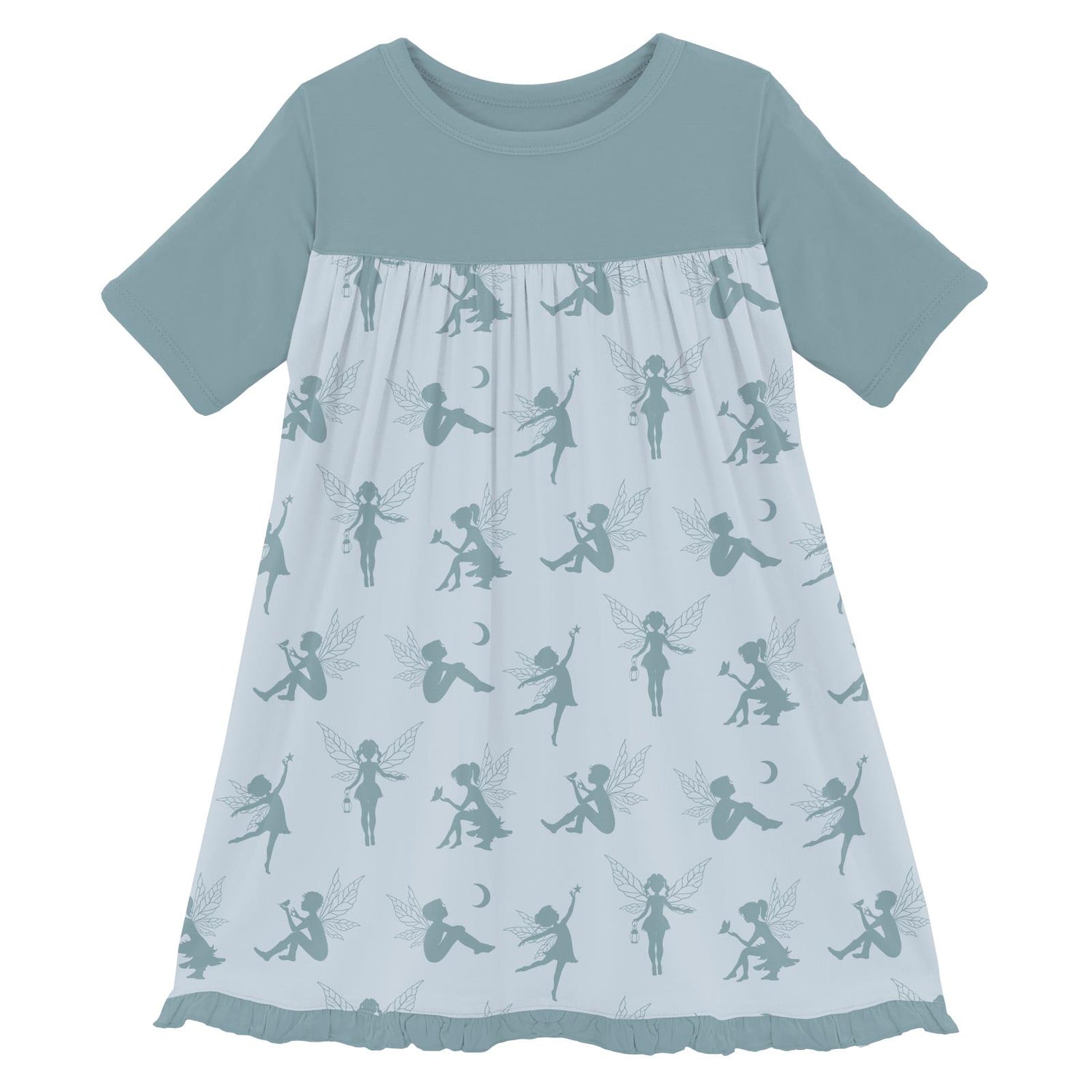 Print Classic Short Sleeve Swing Dress in Illusion Blue Forest Fairies