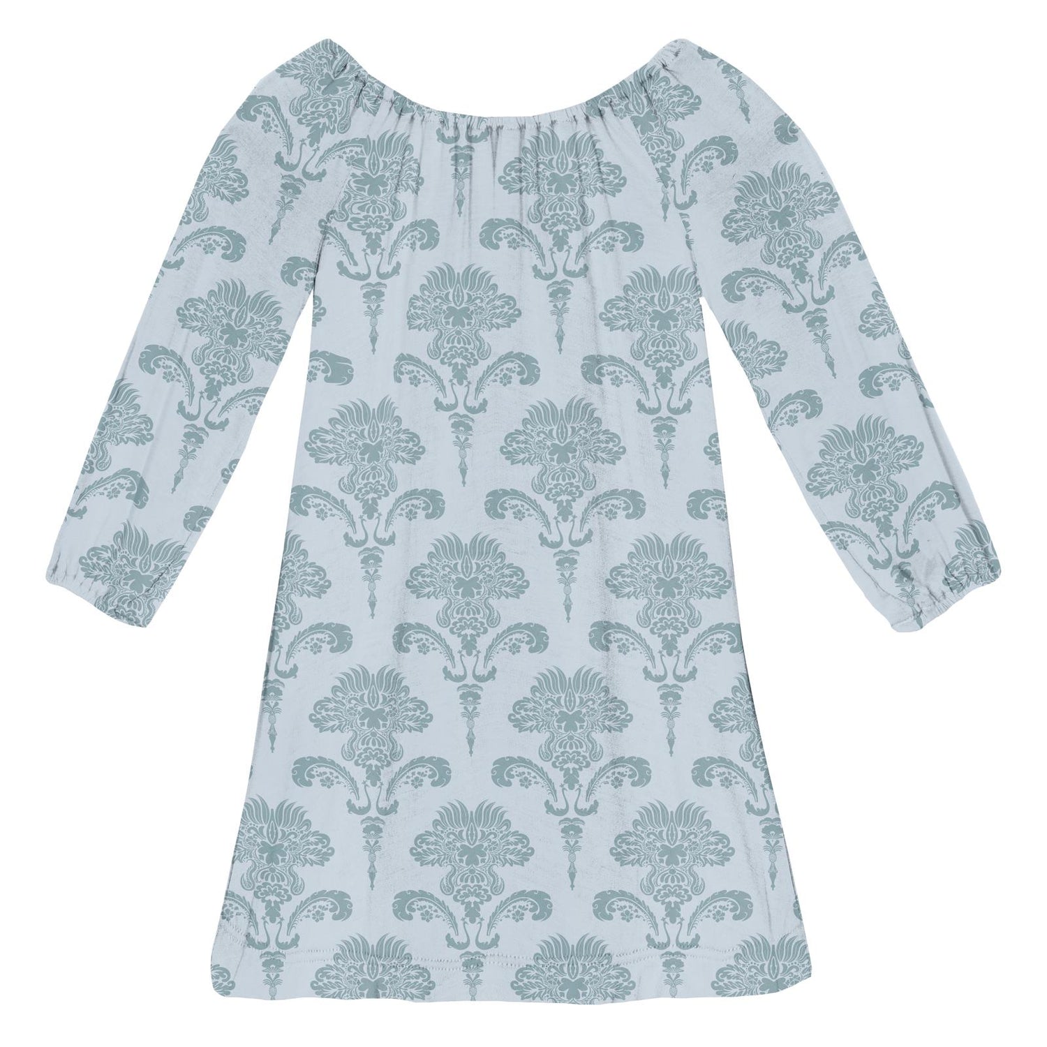 Print Long Sleeve Peasant Dress in Illusion Blue Damask