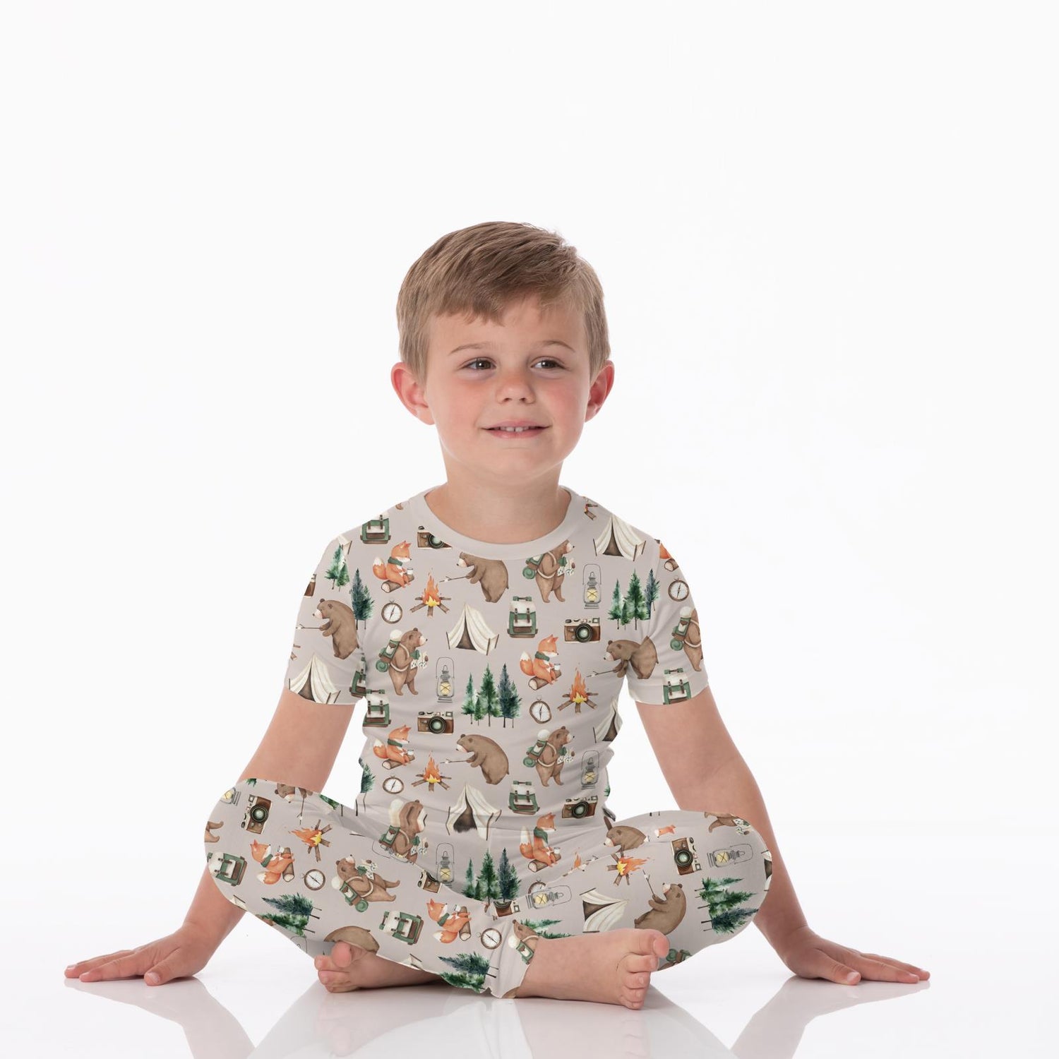 Print Short Sleeve Pajama Set in Latte Camping Animals (359936)