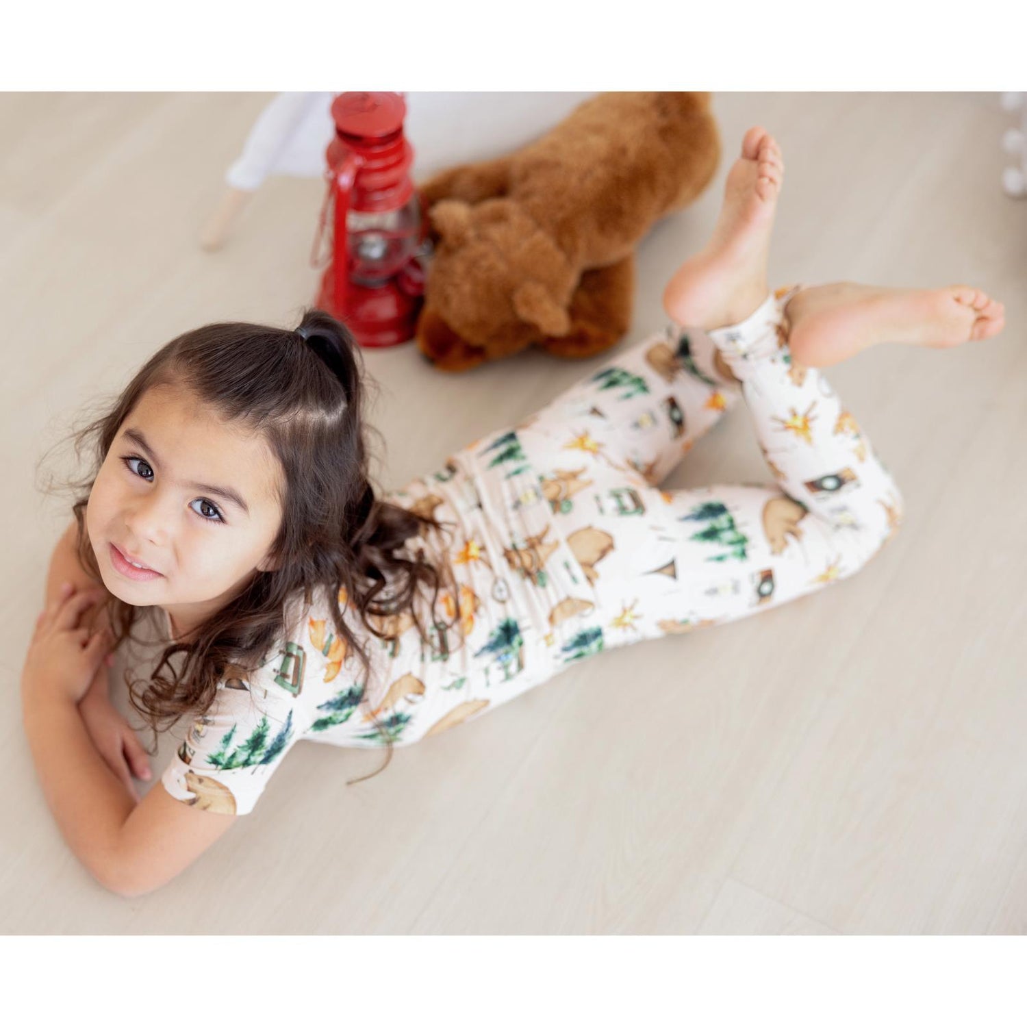 Print Short Sleeve Pajama Set in Latte Camping Animals (359938)