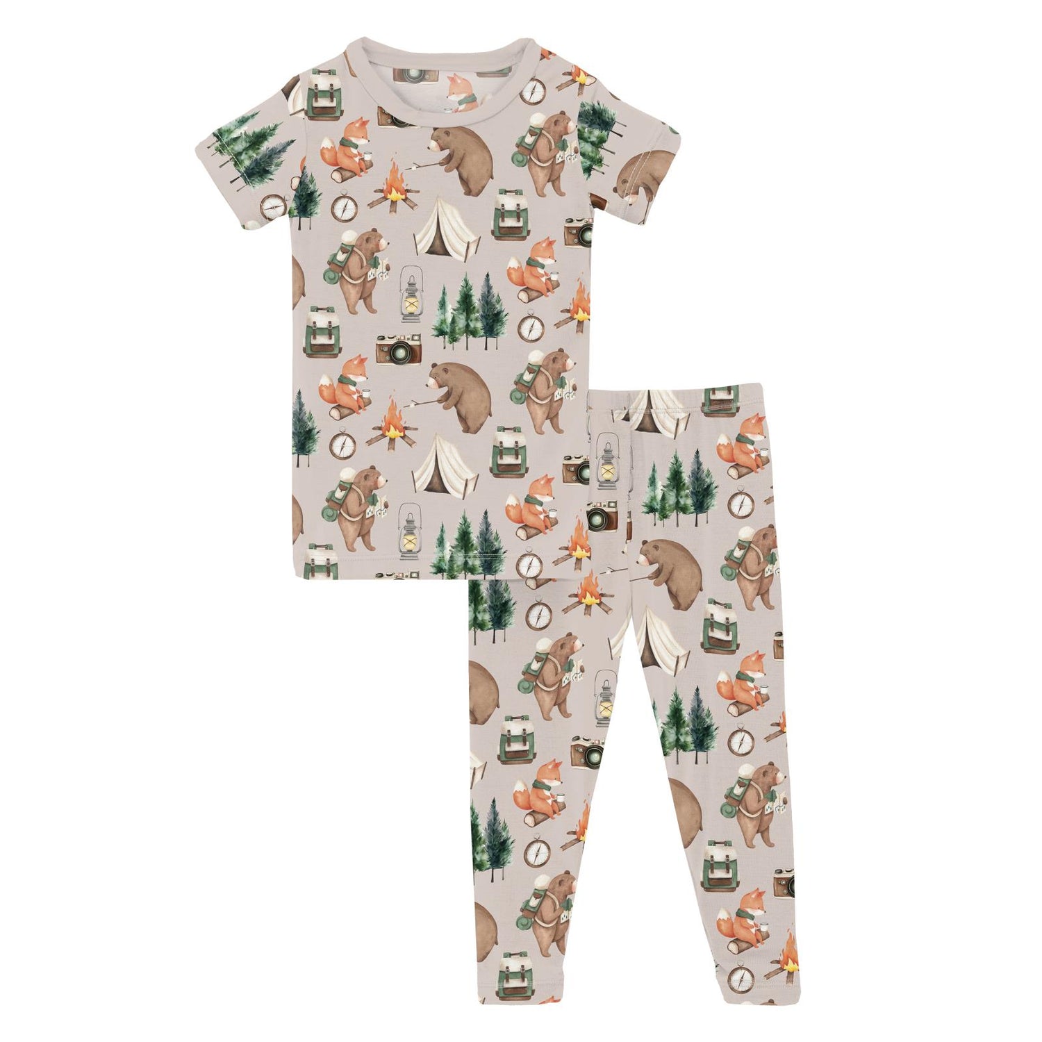Print Short Sleeve Pajama Set in Latte Camping Animals (359939)
