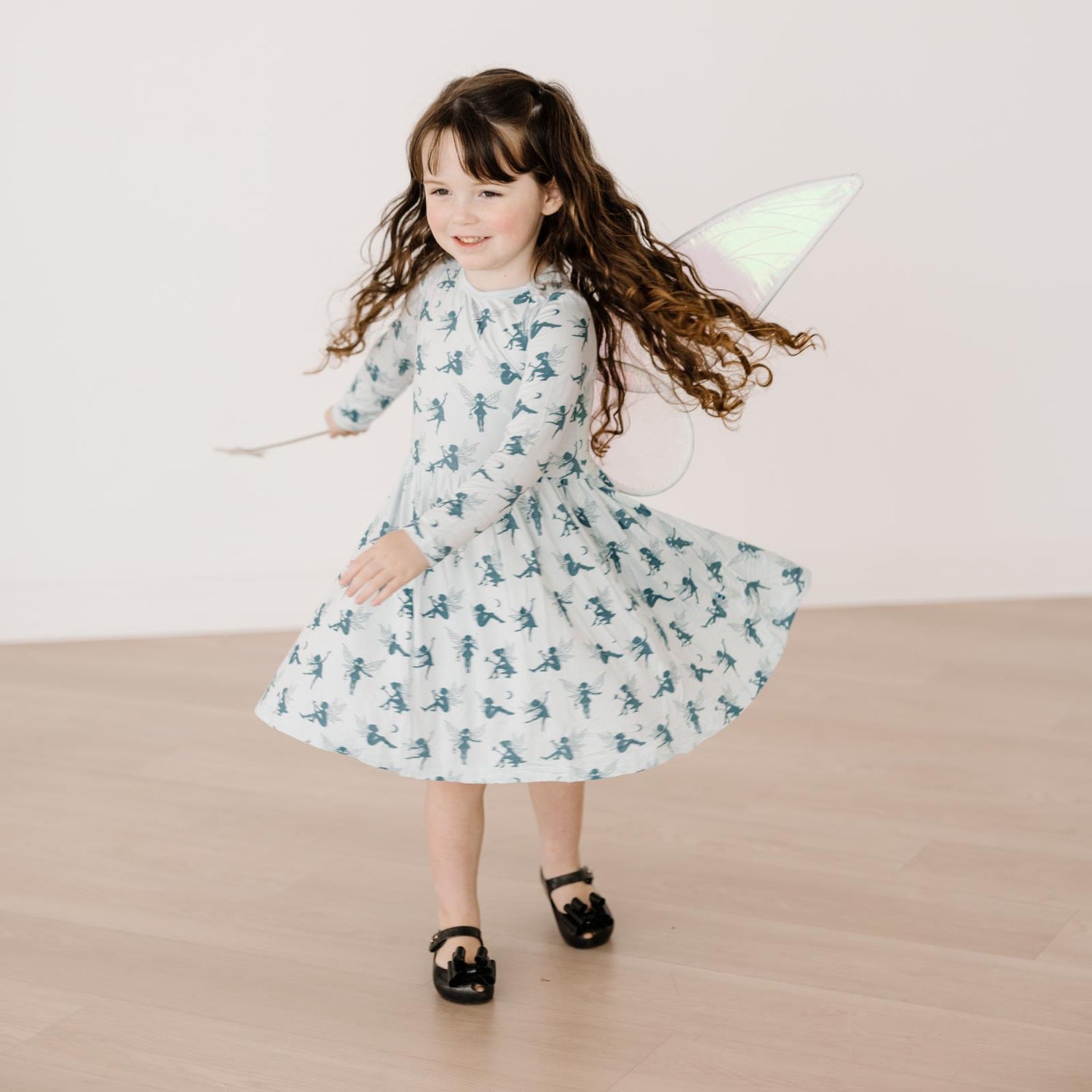 Print Long Sleeve Twirl Dress with Pockets in Illusion Blue Forest Fairies