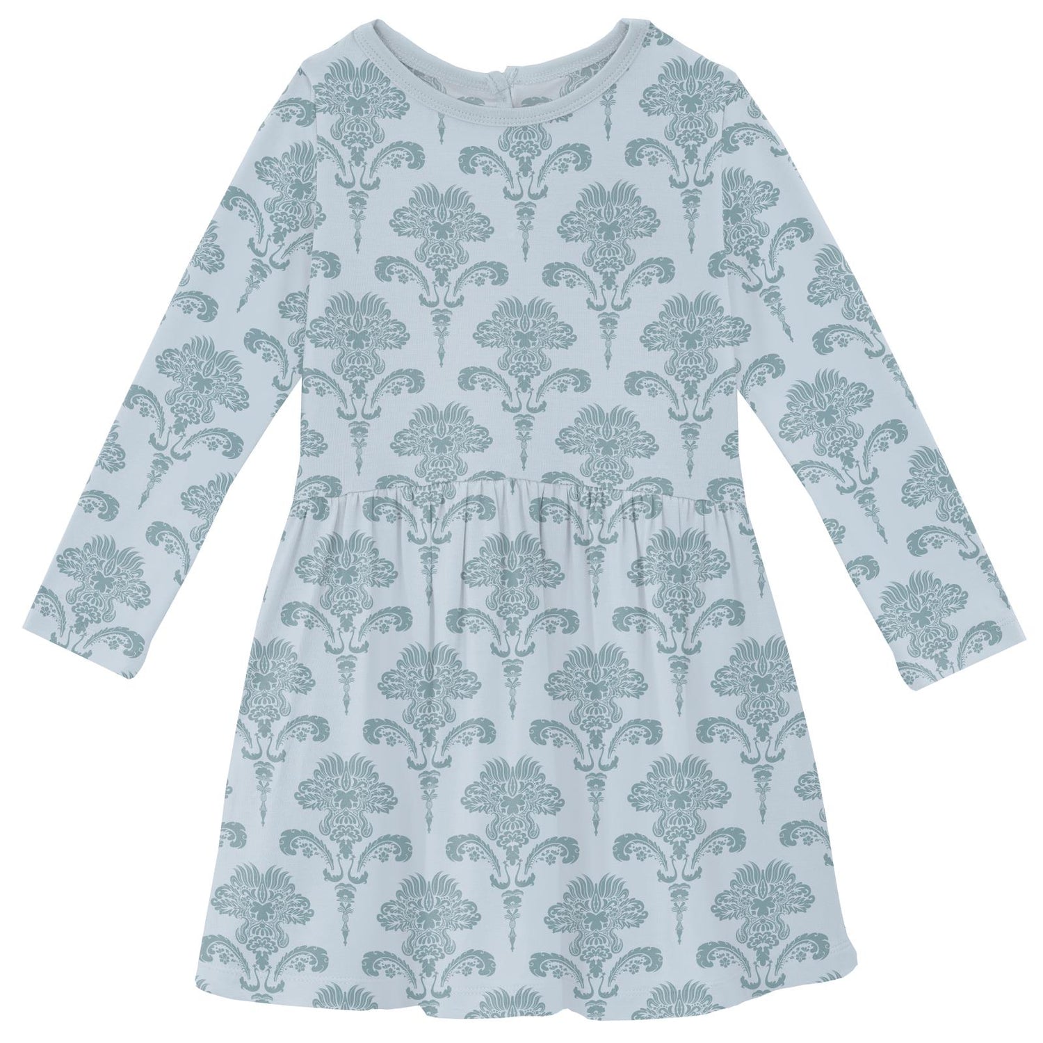 Print Long Sleeve Twirl Dress with Pockets in Illusion Blue Damask