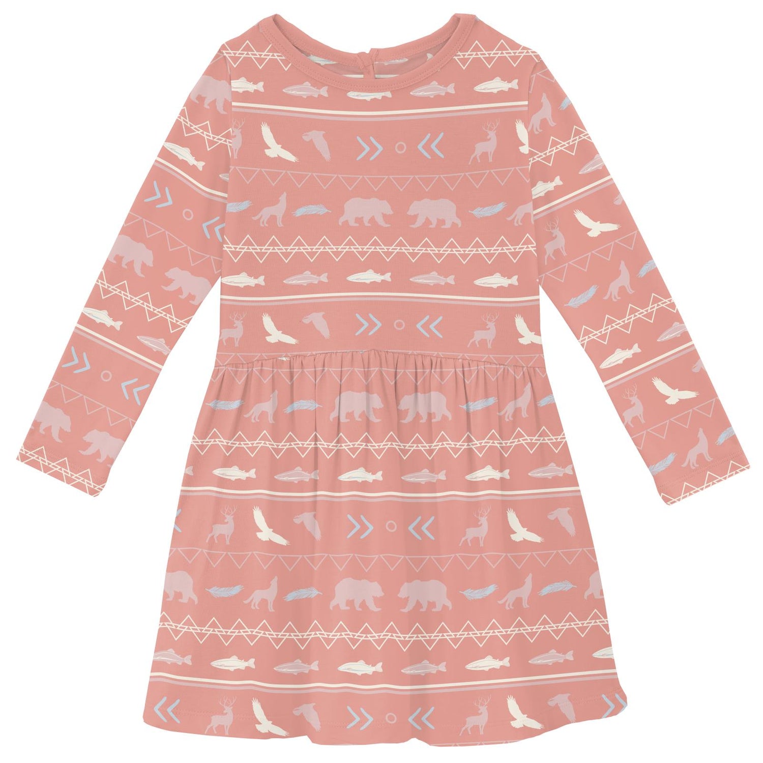 Print Long Sleeve Twirl Dress with Pockets in Blush Native Tribal Lore