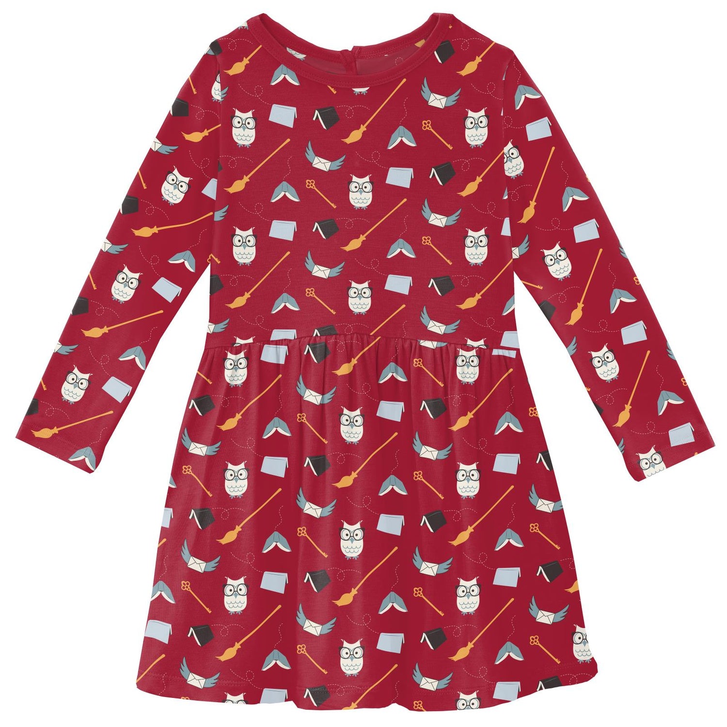 Print Long Sleeve Twirl Dress with Pockets in Crimson Magical World