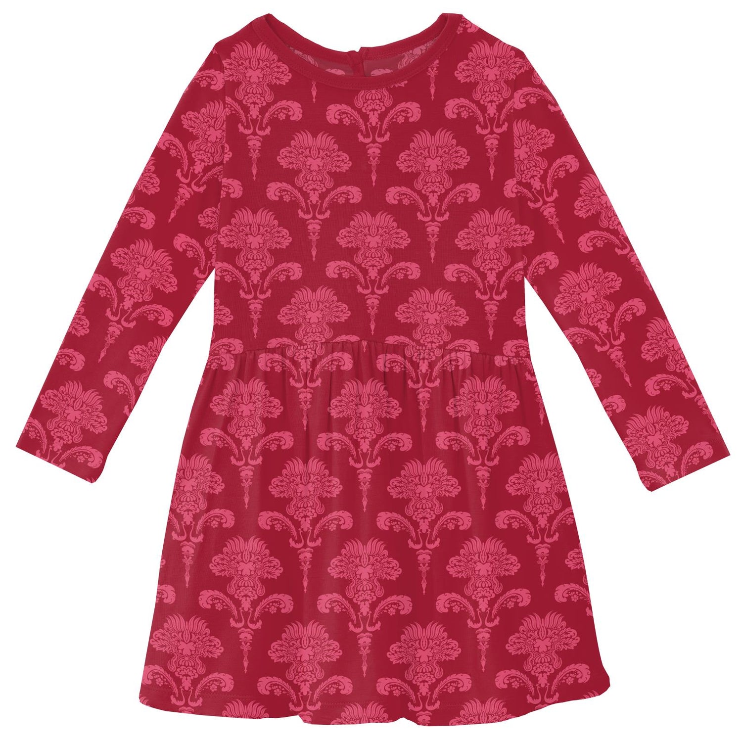 Print Long Sleeve Twirl Dress with Pockets in Crimson Damask