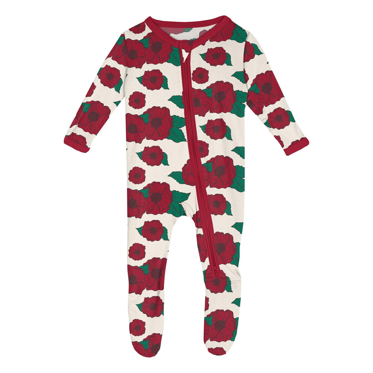 Print Footie with 2 Way Zipper in Holiday Poppies