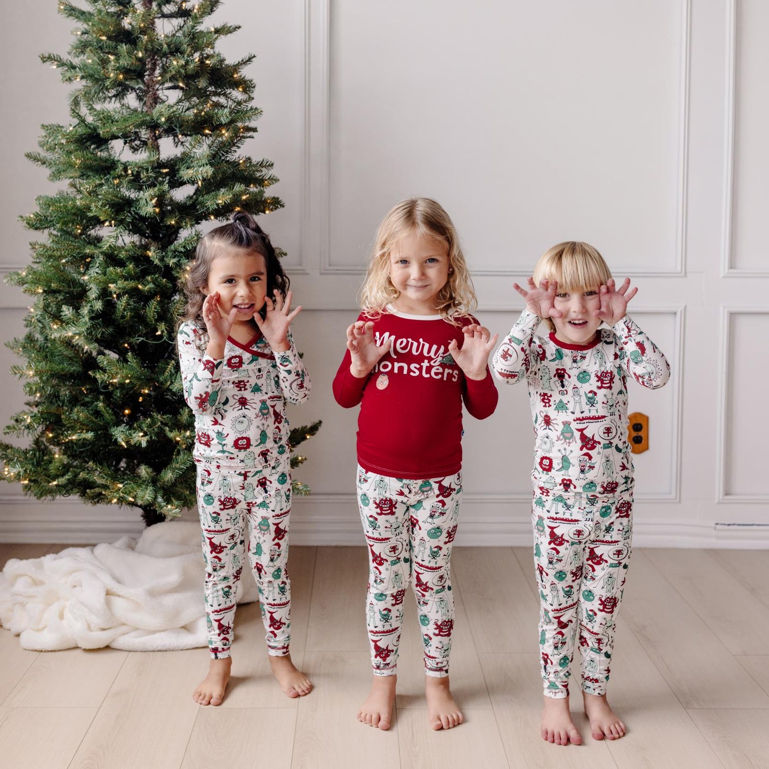 Print Long Sleeve Pajama Set in Merry Monsters