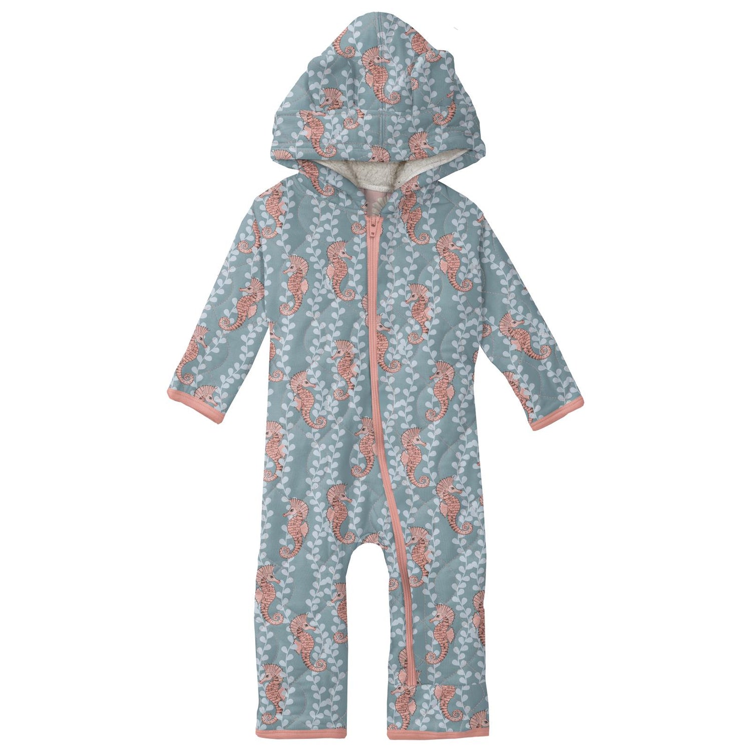 Print Quilted Hoodie Coverall with Sherpa-Lined Hood and Zipper in Stormy Sea Seahorses/Baby Rose Shells & Starfish