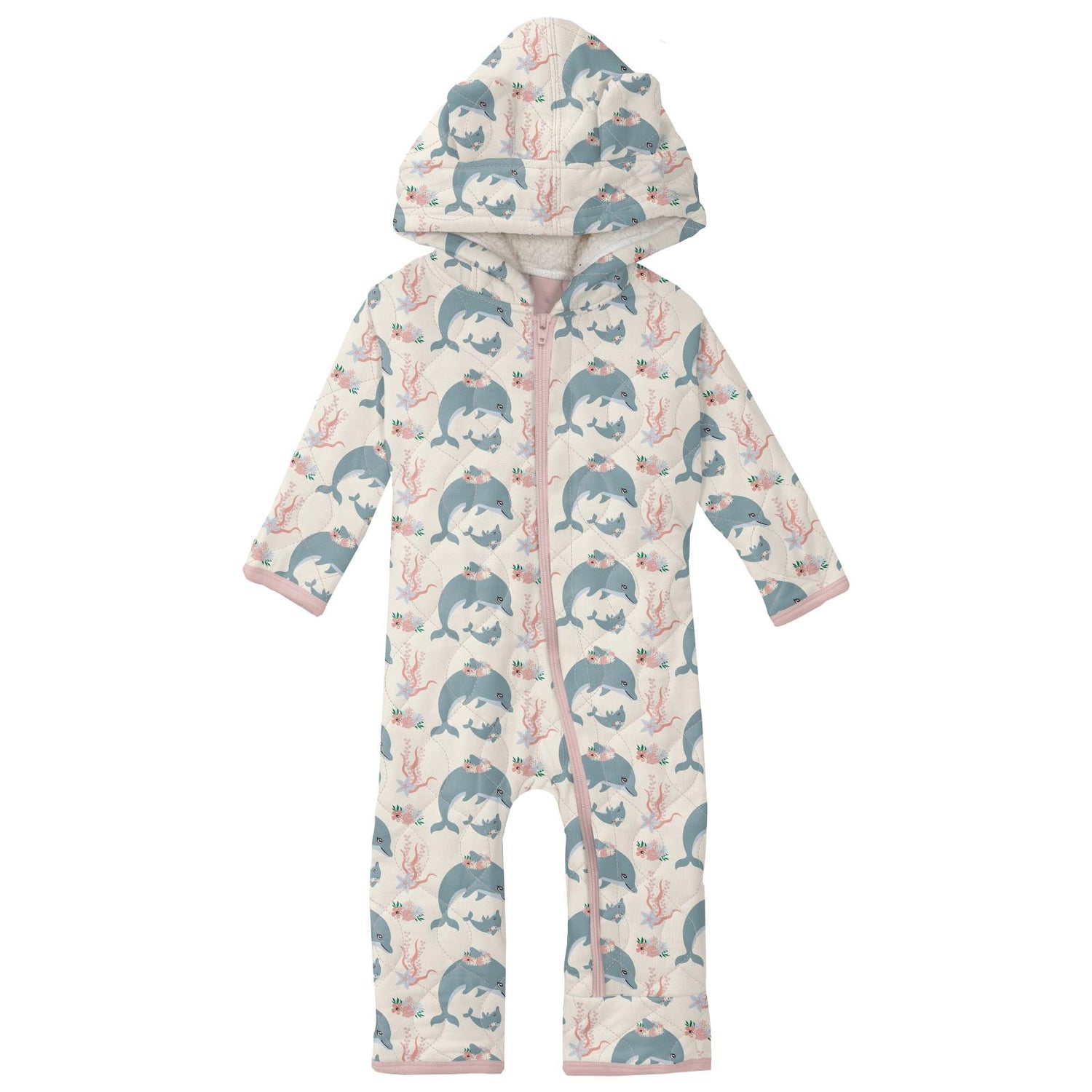 Print Quilted Hoodie Coverall with Sherpa-Lined Hood and Zipper in Natural Dolphins/Baby Rose