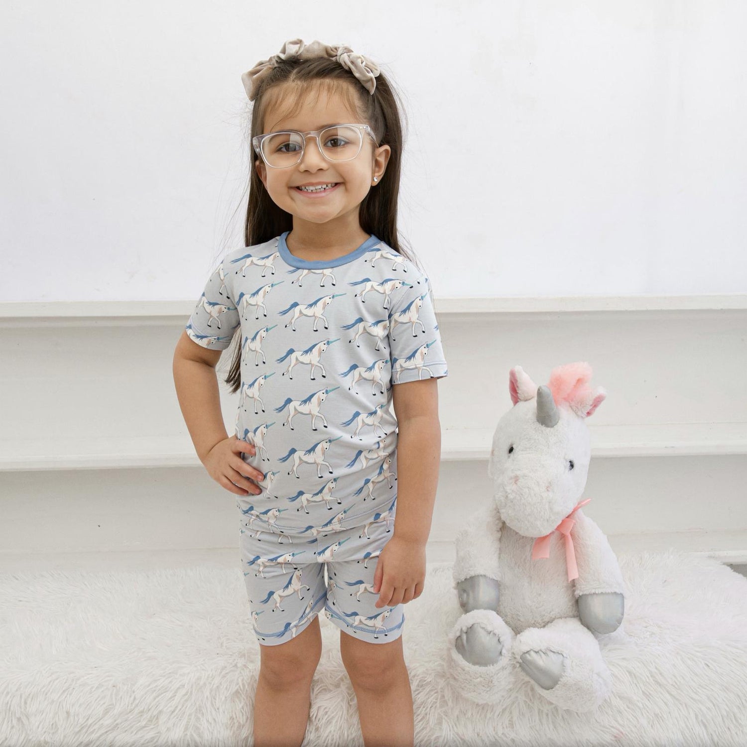 Print Short Sleeve Pajama Set with Shorts in Dew Prancing Unicorn