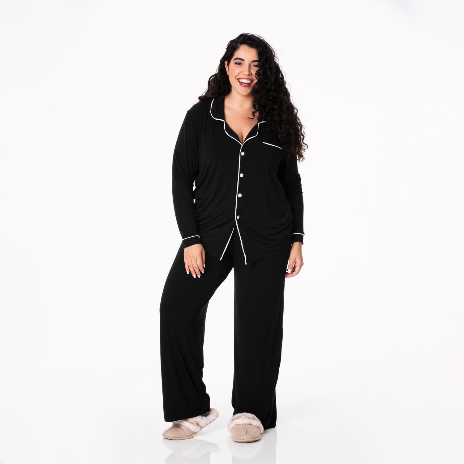 Women's Long Sleeved Collared Pajama Set in Midnight with Natural