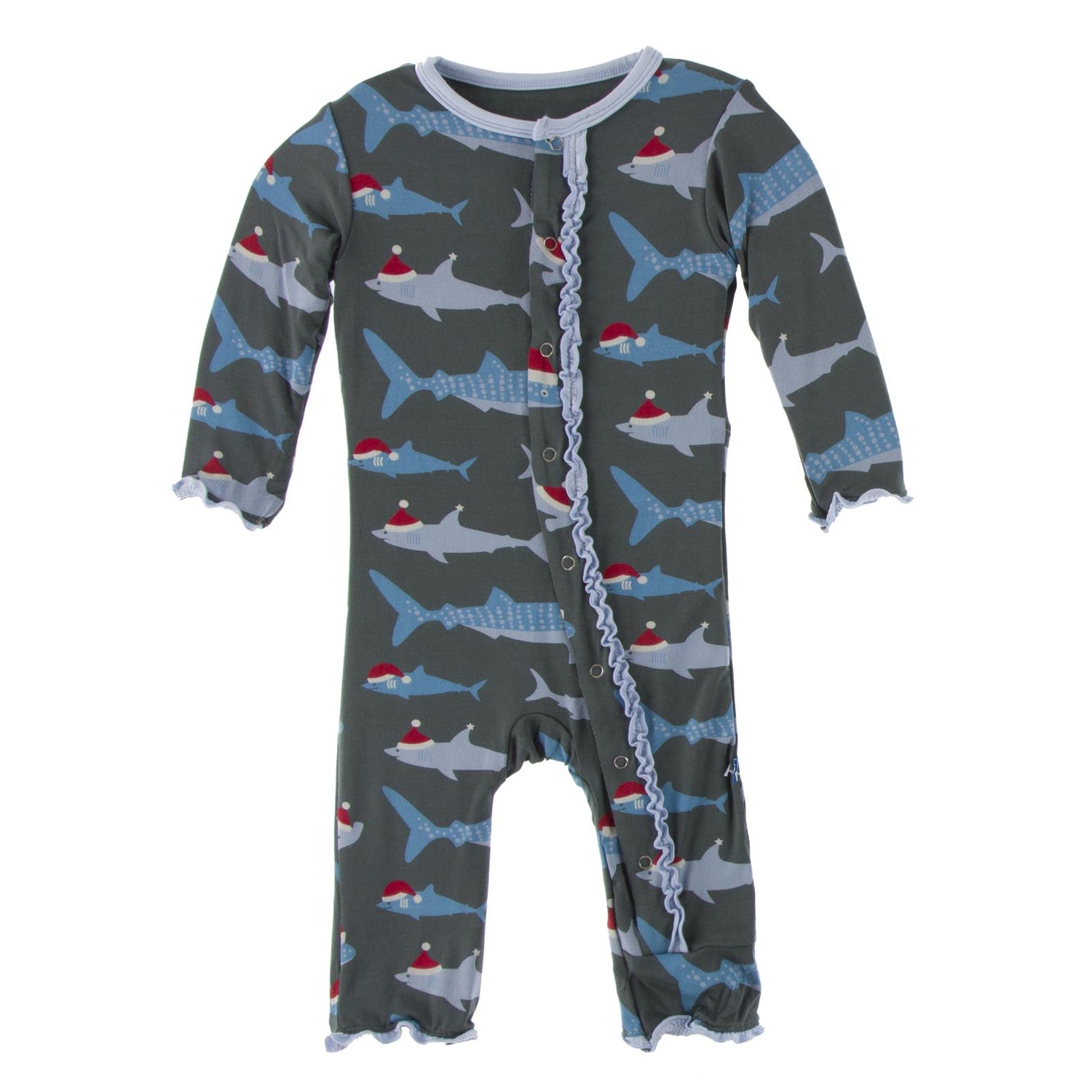 Print Muffin Ruffle Coverall with Snaps in Pewter Santa Sharks