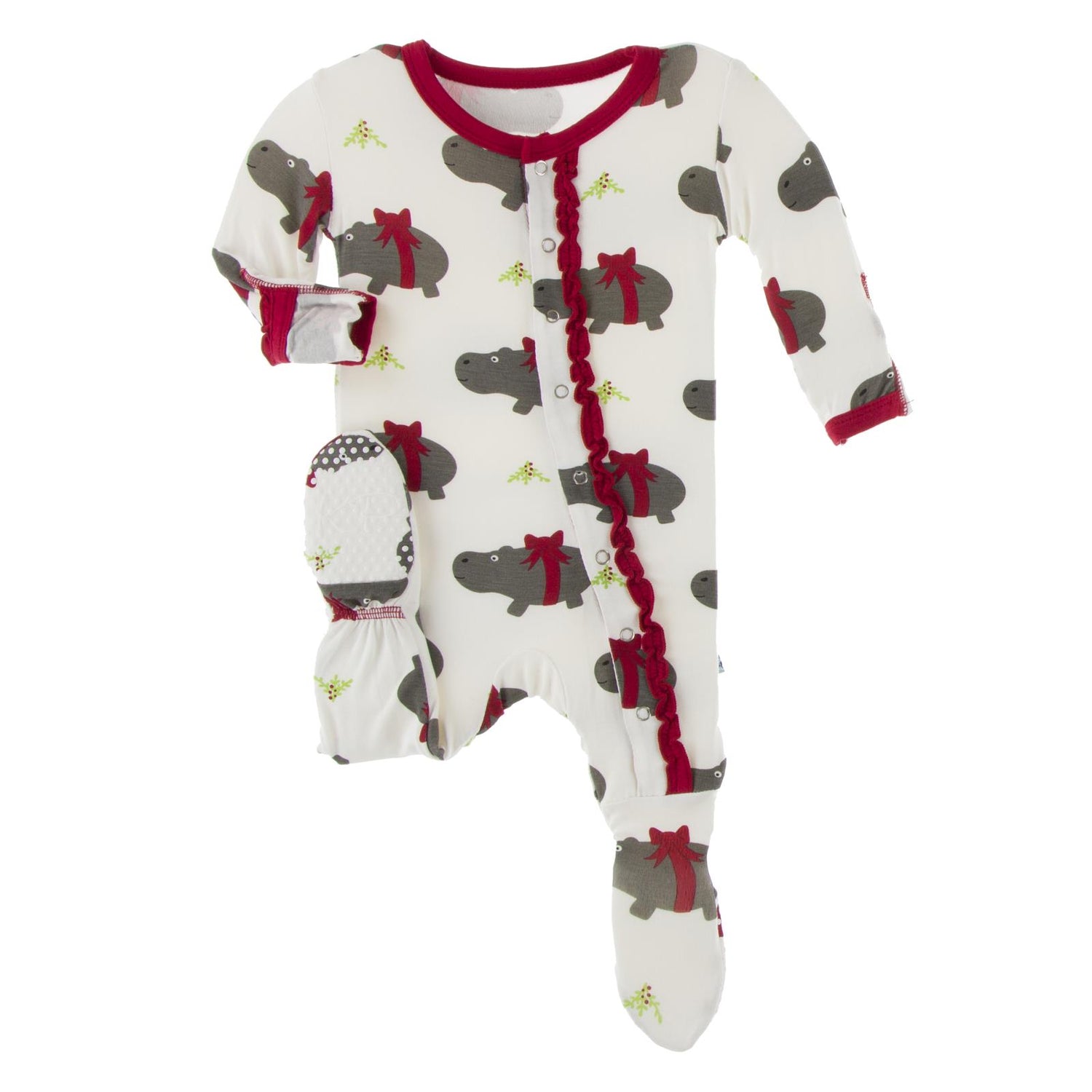 Print Muffin Ruffle Footie with Snaps in Natural Christmas Hippo