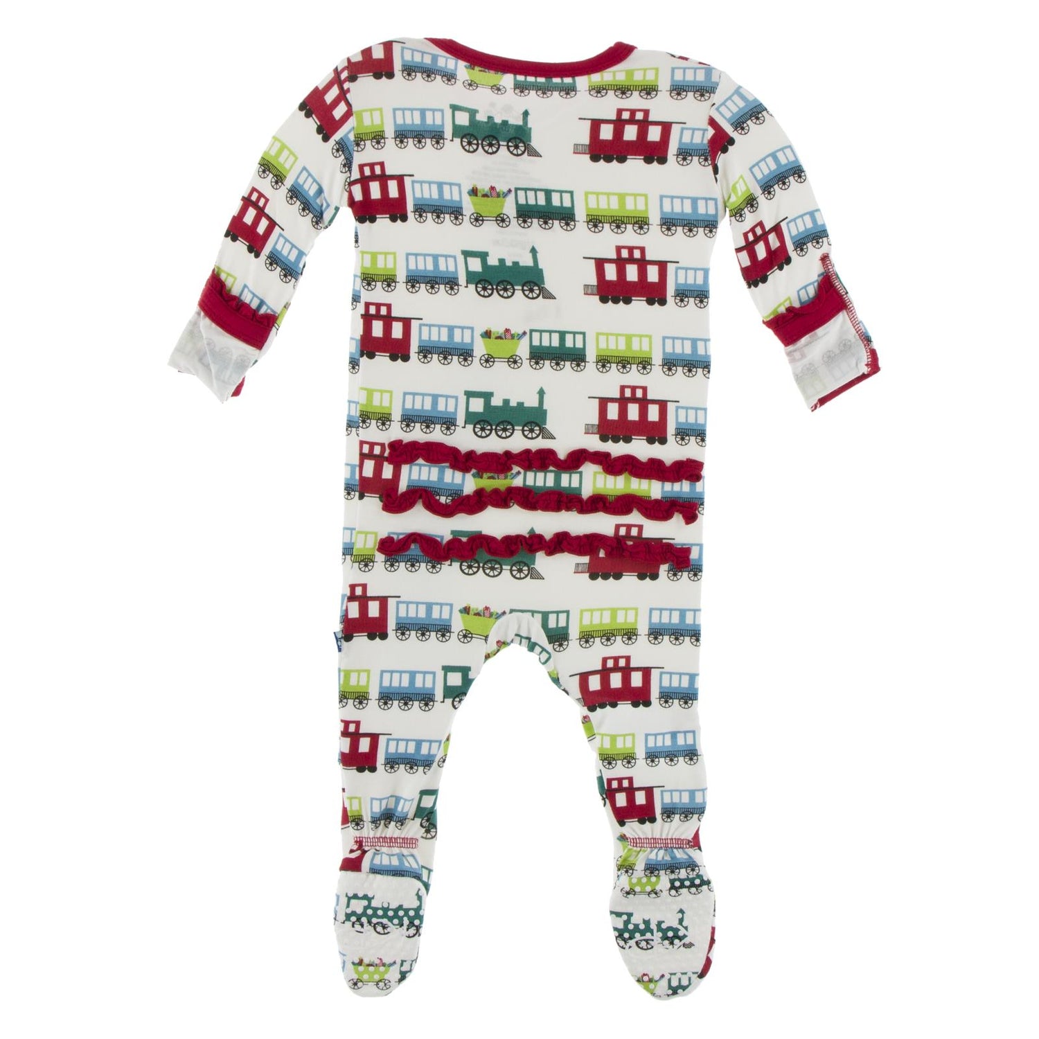 Print Muffin Ruffle Footie with Snaps in Natural Toy Train