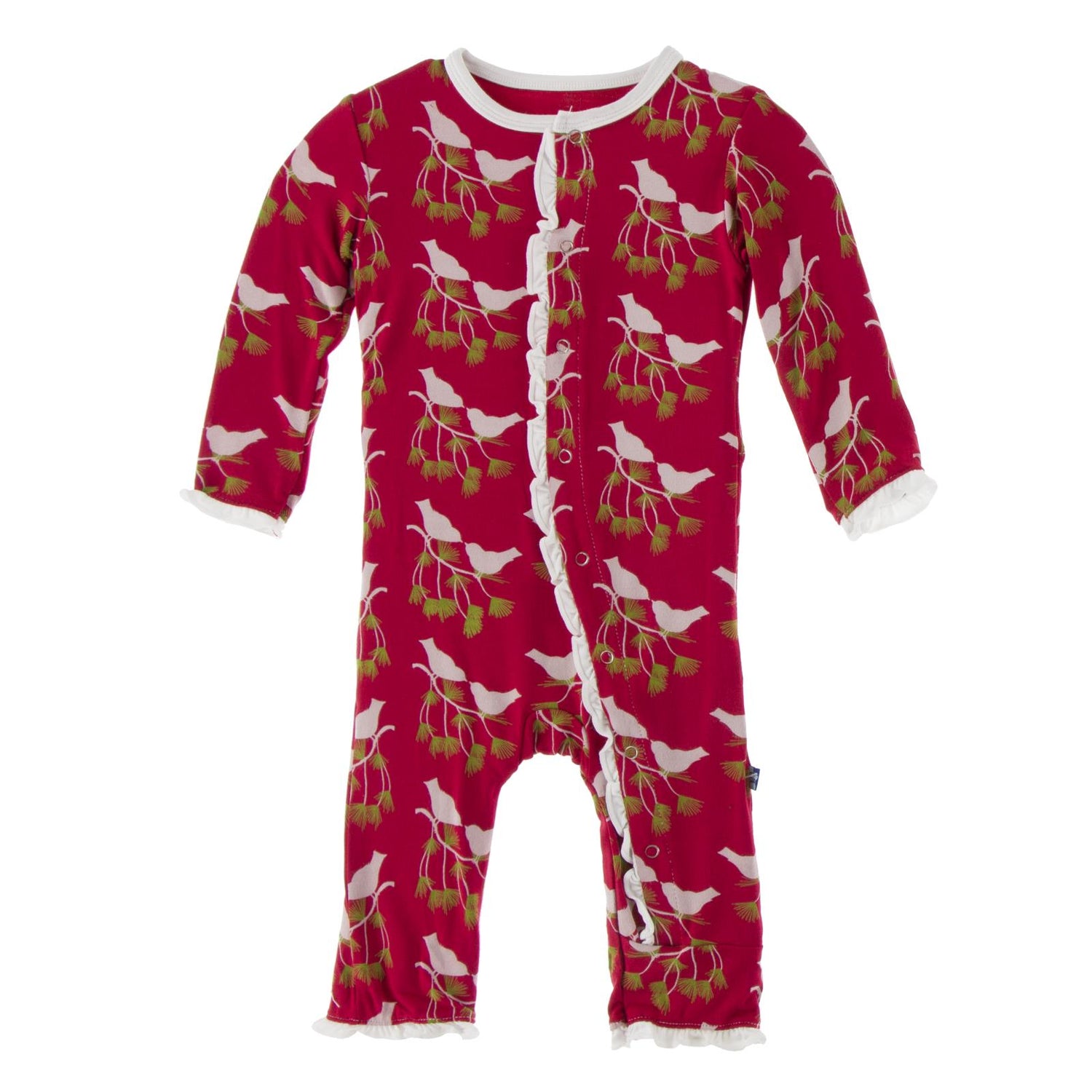 Print Classic Ruffle Coverall with Snaps in Crimson Kissing Birds