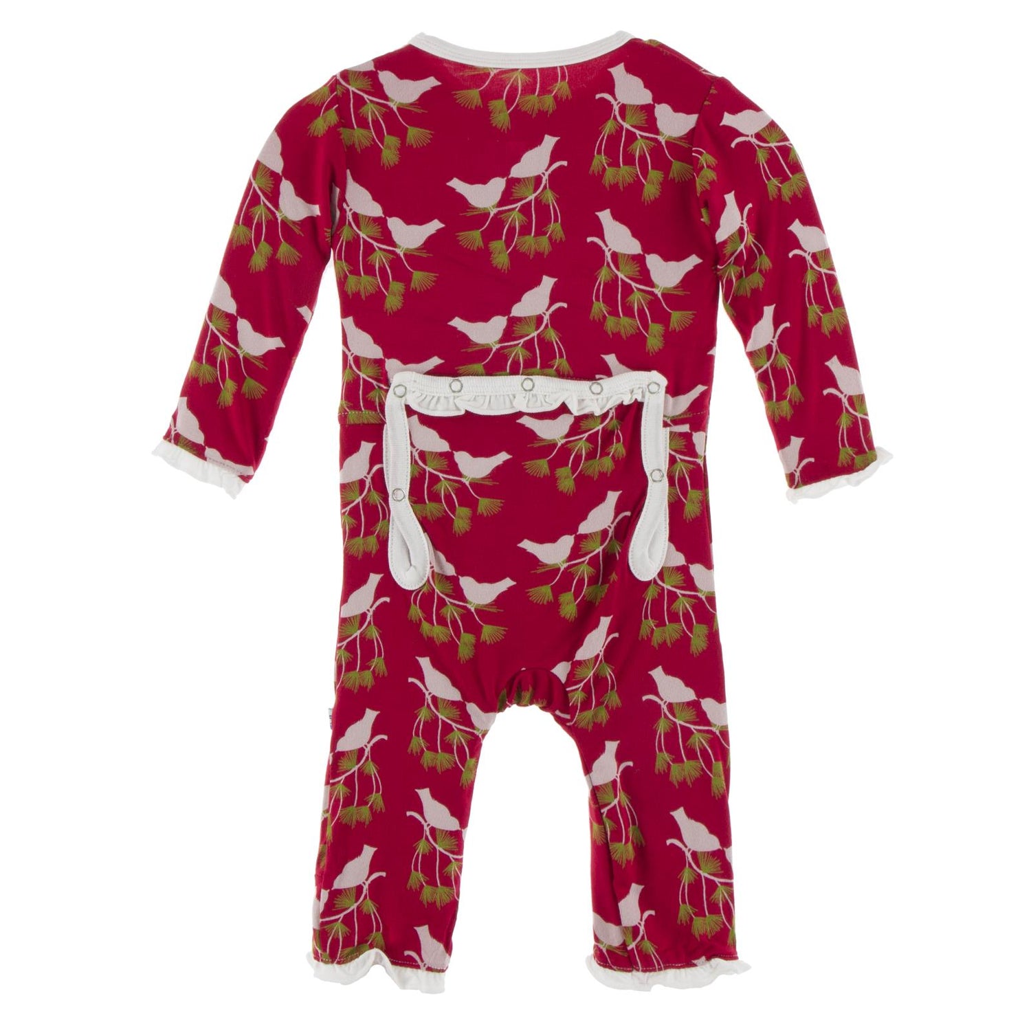 Print Classic Ruffle Coverall with Snaps in Crimson Kissing Birds