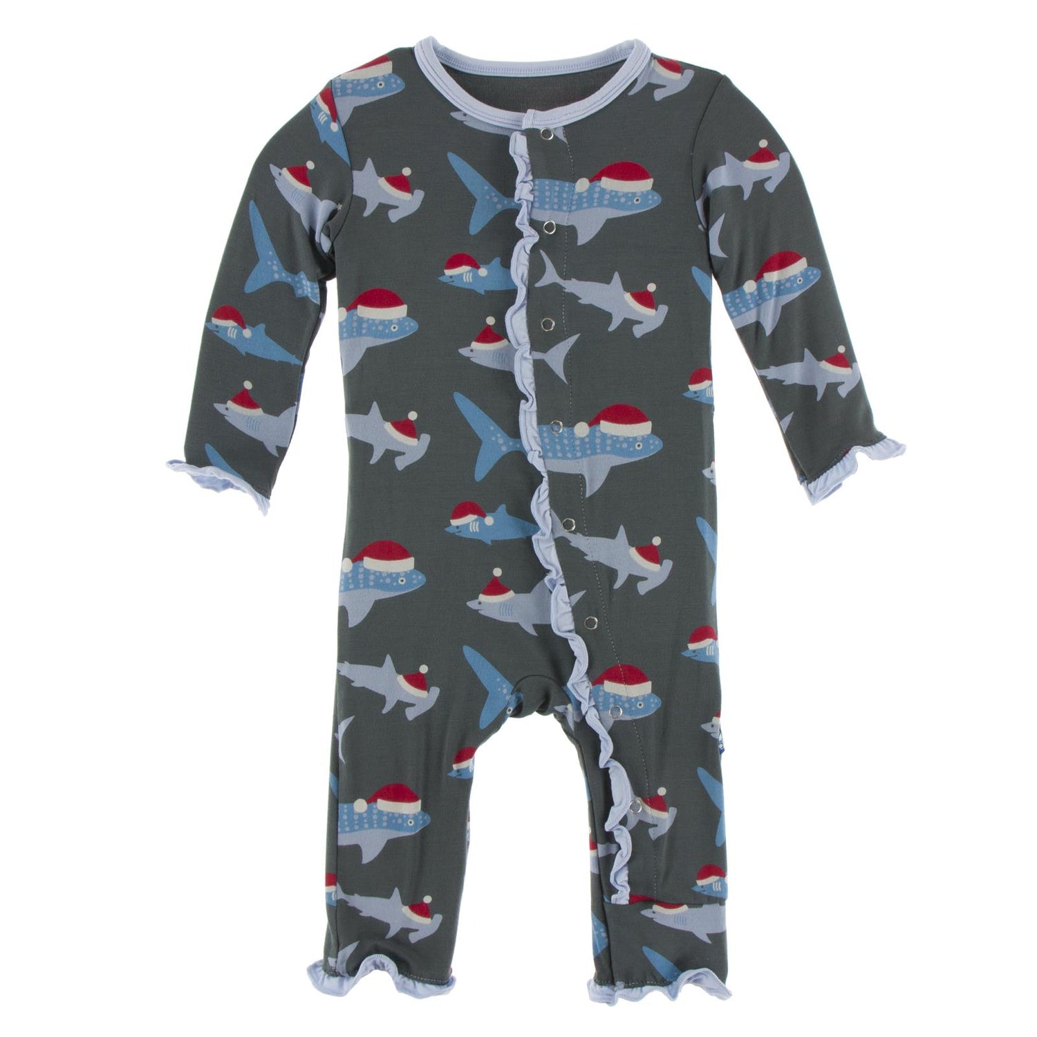 Print Classic Ruffle Coverall with Snaps in Pewter Santa Sharks