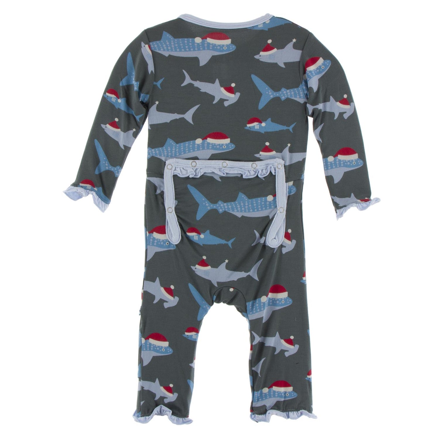 Print Classic Ruffle Coverall with Snaps in Pewter Santa Sharks