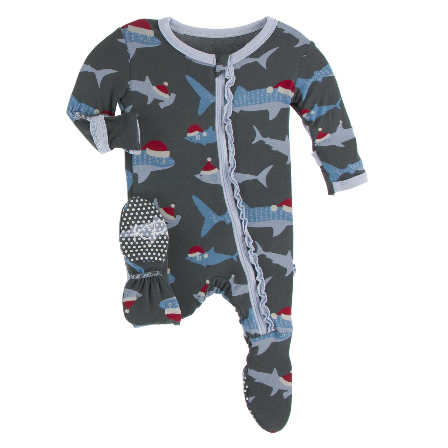 Print Muffin Ruffle Footie with Zipper in Pewter Santa Sharks