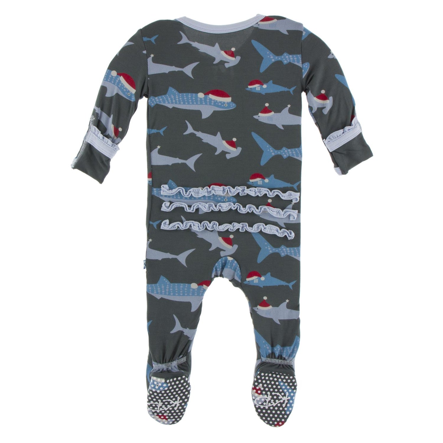 Print Muffin Ruffle Footie with Zipper in Pewter Santa Sharks