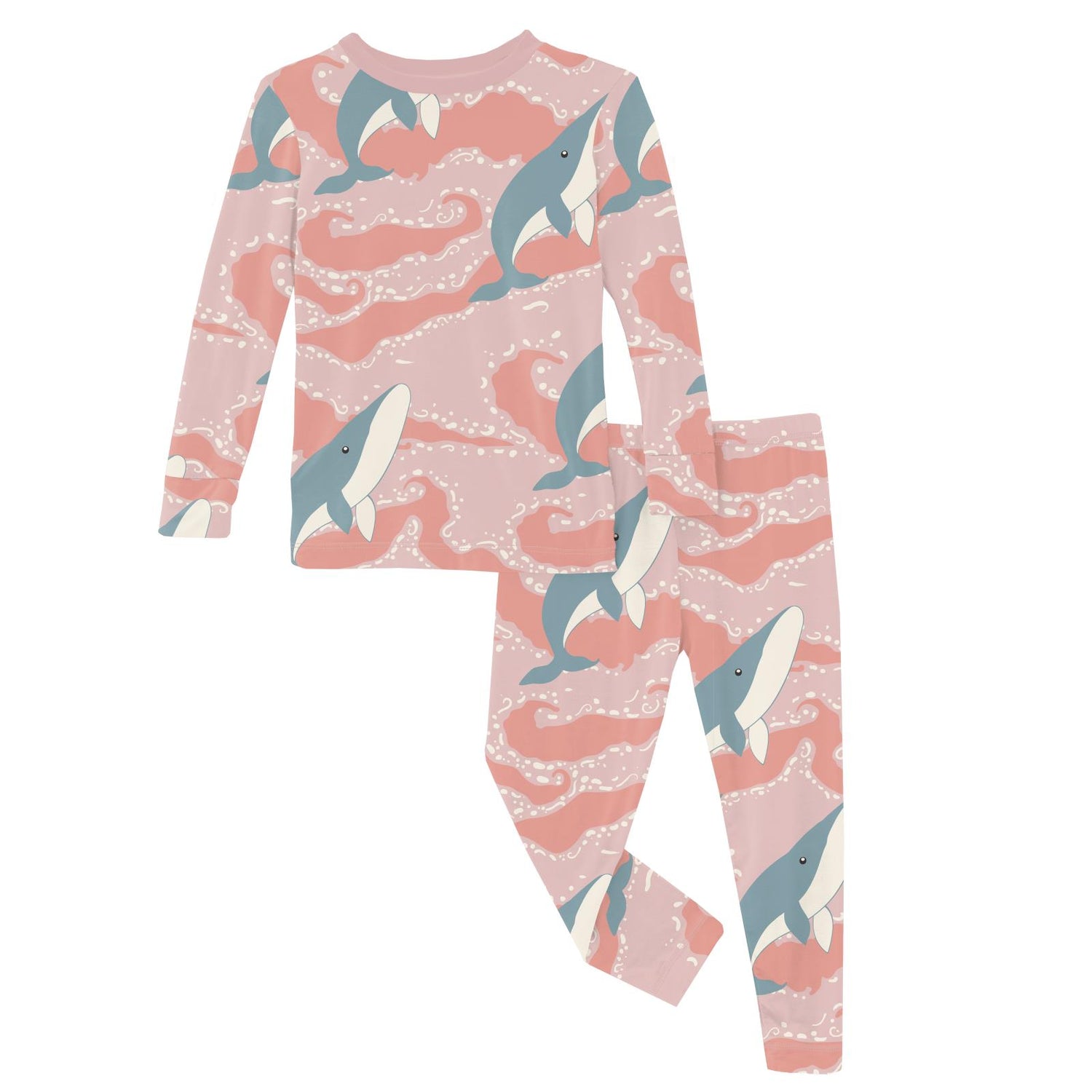 Print Long Sleeve Pajama Set in Baby Rose Splashing Whales