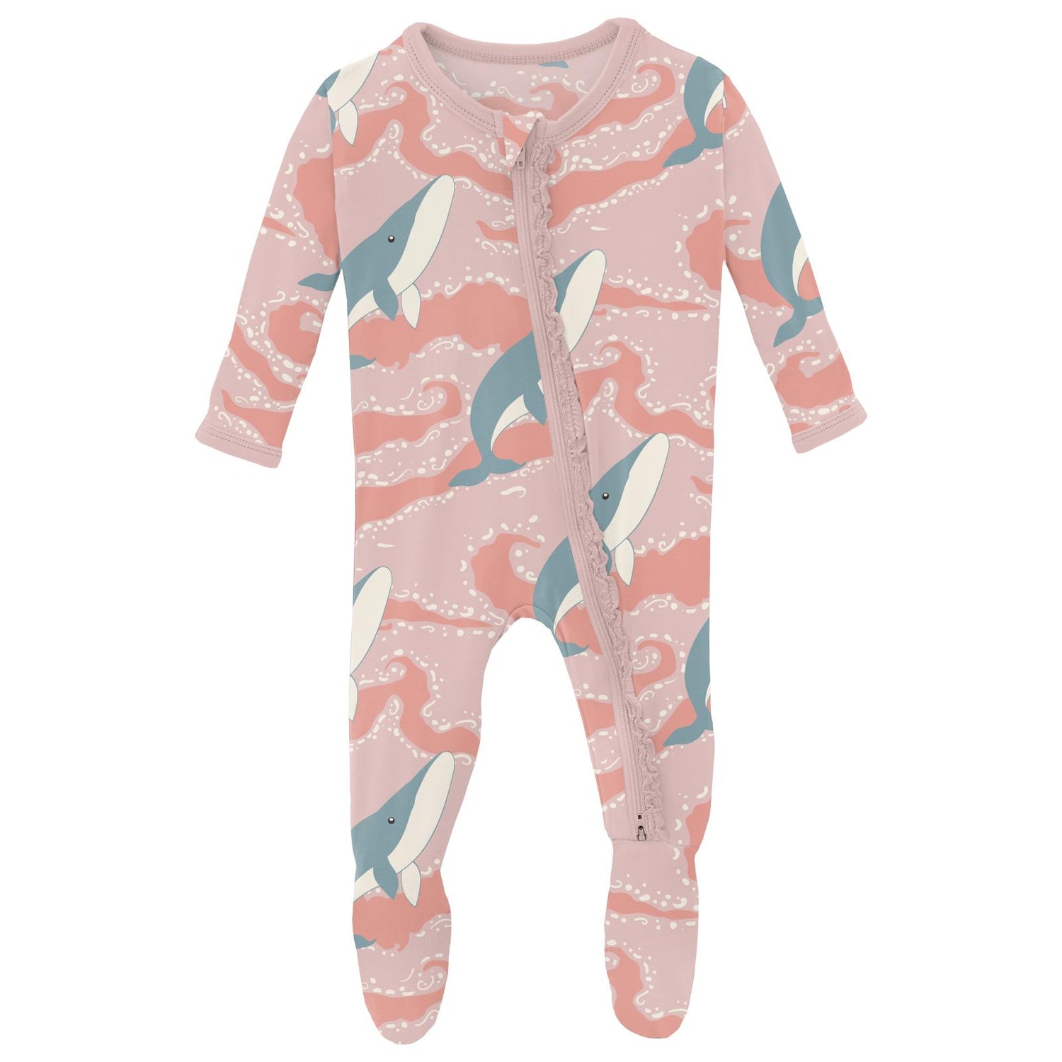 Print Muffin Ruffle Footie with 2 Way Zipper in Baby Rose Splashing Whales