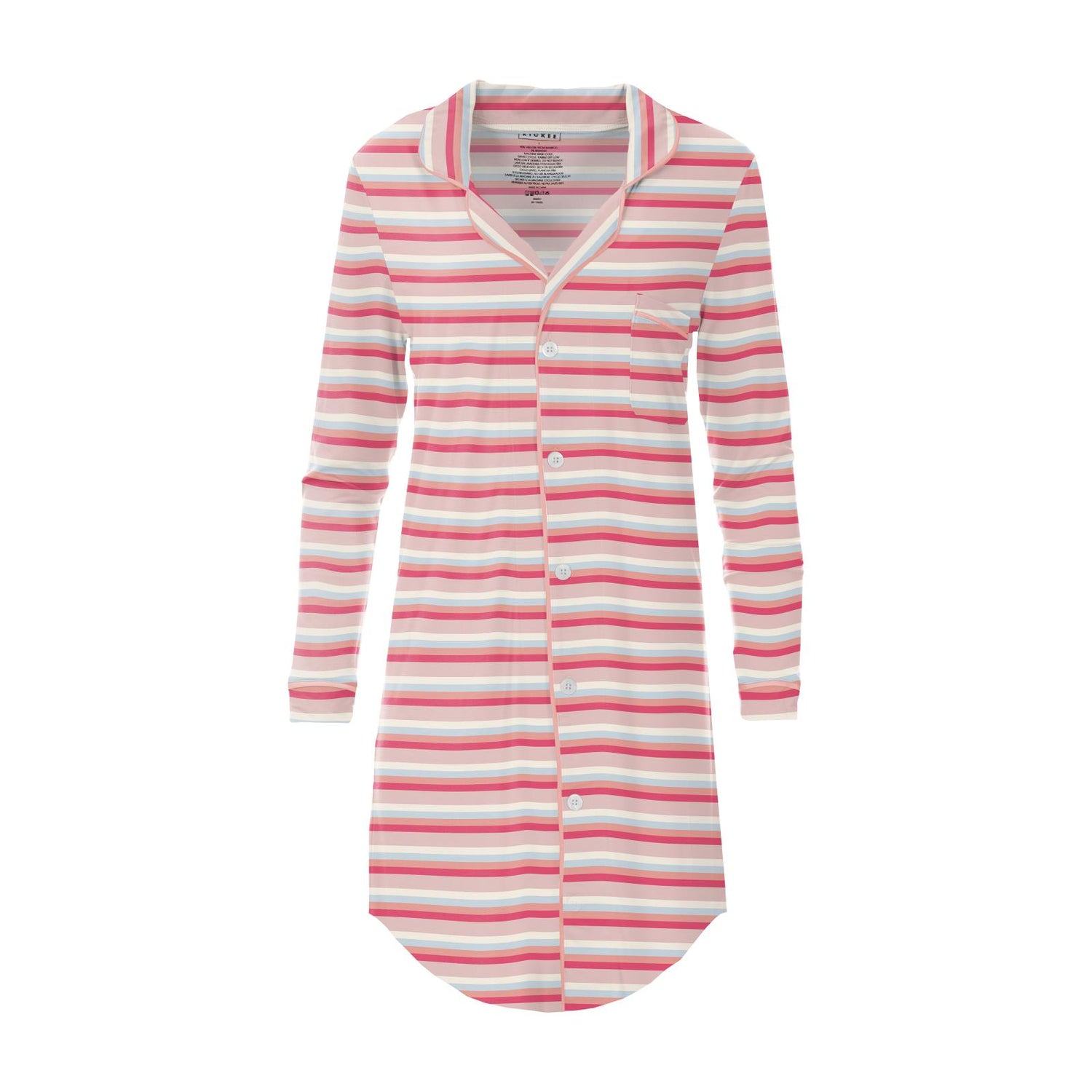 Women's Print Long Sleeve Button Down Nightshirt in Baby Rose Stripe